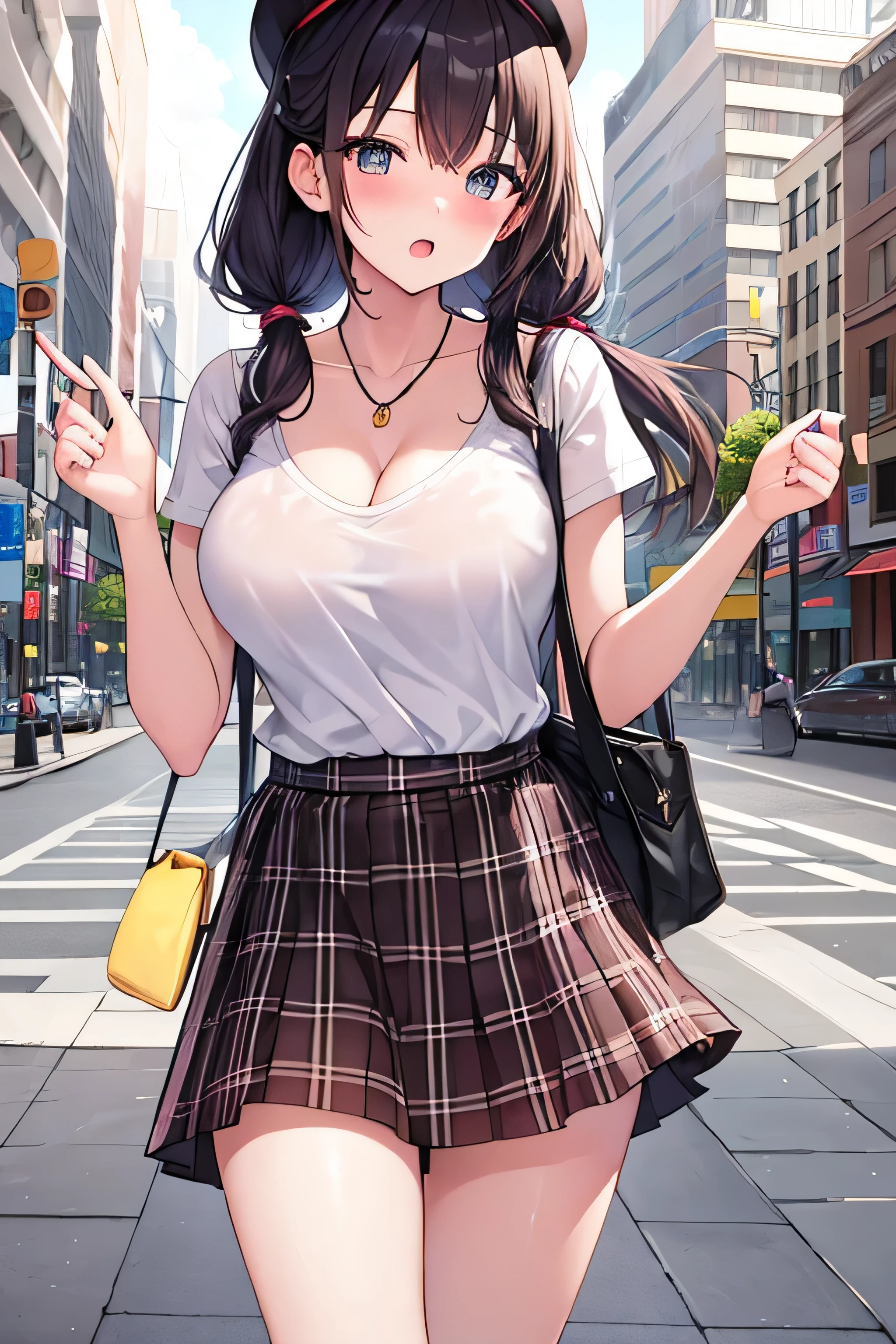 masterpiece、Highest image quality、ultra high resolution、girl with big tits、twin tail hairstyle、black hair、red face、mock、Open your mouth just a little、A white T-shirt that shows the cleavage of a teenage schoolgirl、casual for teenage high school girls、Knee high socks for teenage schoolgirls、white beret for teenage 、Skyscraper、outdoors