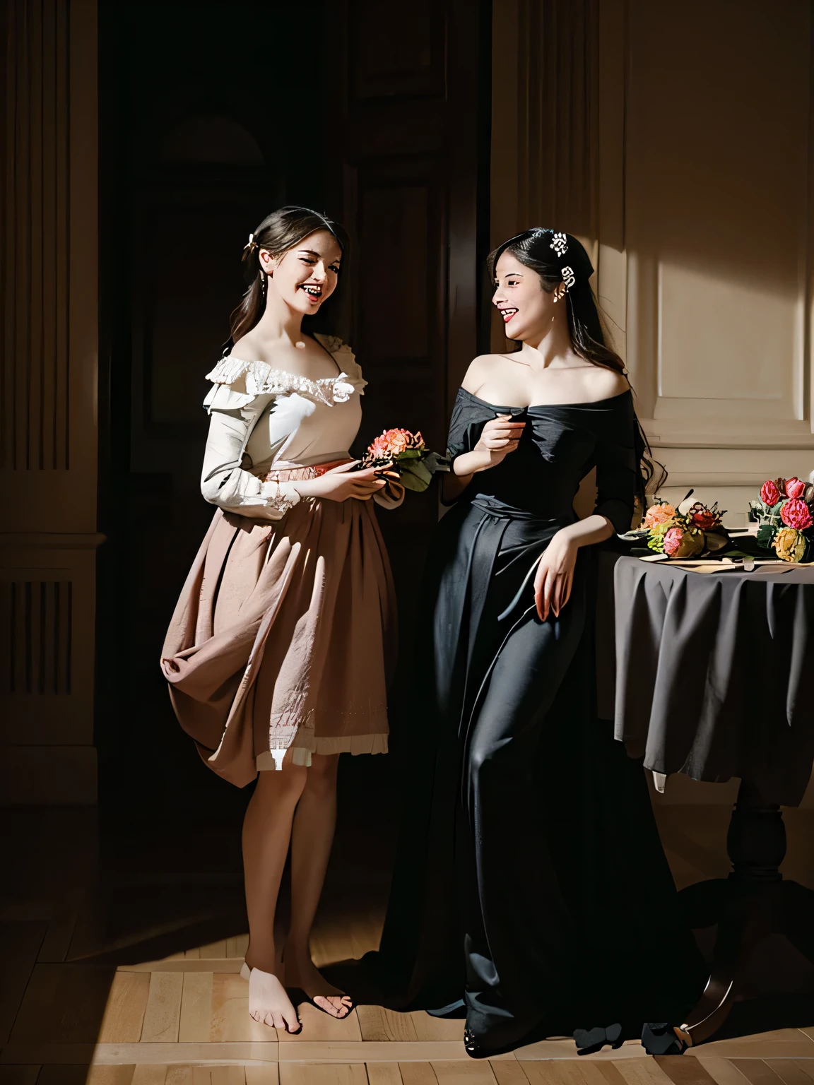 full body portrait ,fruits,Rose ,flower,rosa,antique,laughter,,sweet and enchanting appearance.、caravaggioの絵画、caravaggio'chiaroscuro,Two women having fun,cute smile, expression of ecstasy