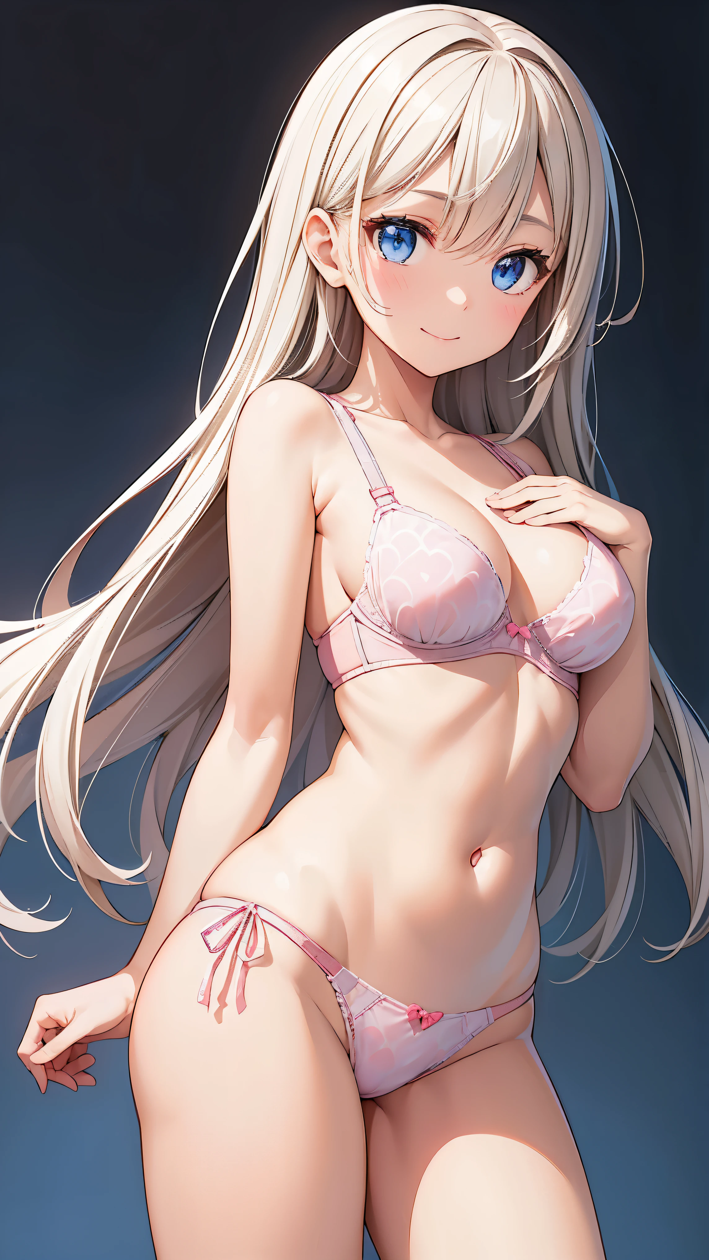 pieces fly、highest quality、High resolution、nffsw、perfect pixel、1 girl、cute、perfect body、anatomically correct、beautiful eyelashes, realistic eyes、smile、((Clear pink heart pattern bra))、((Clear pink heart pattern pants))、wearing only underwear、smooth texture:0.75、outdoor blue sky、I can see your pants、I can see your bra、Bright overall、cinematic light、angle from behind、Turn your buttocks towards you、blonde、blue eyes