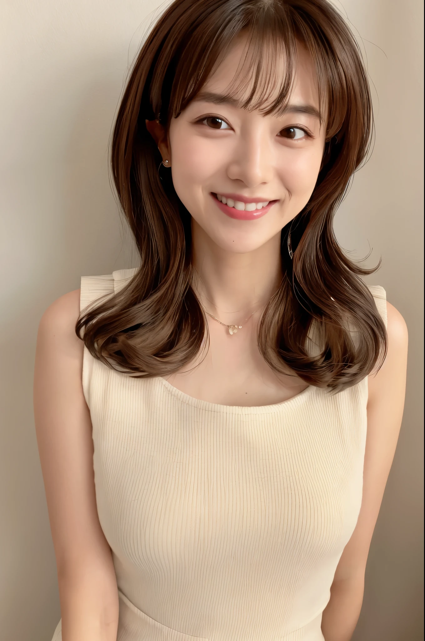 ((top-quality, 8K, masterpiece:1.3)), Beautiful 20 year old girl with perfect body shape, J-pop Idol Face, Slim Abs Beauty:1.3, (Hairstyles Brown Hair Shortcuts), dress:1.1, Super fine face, Delicate eyes, A smile with shame, Raw photo