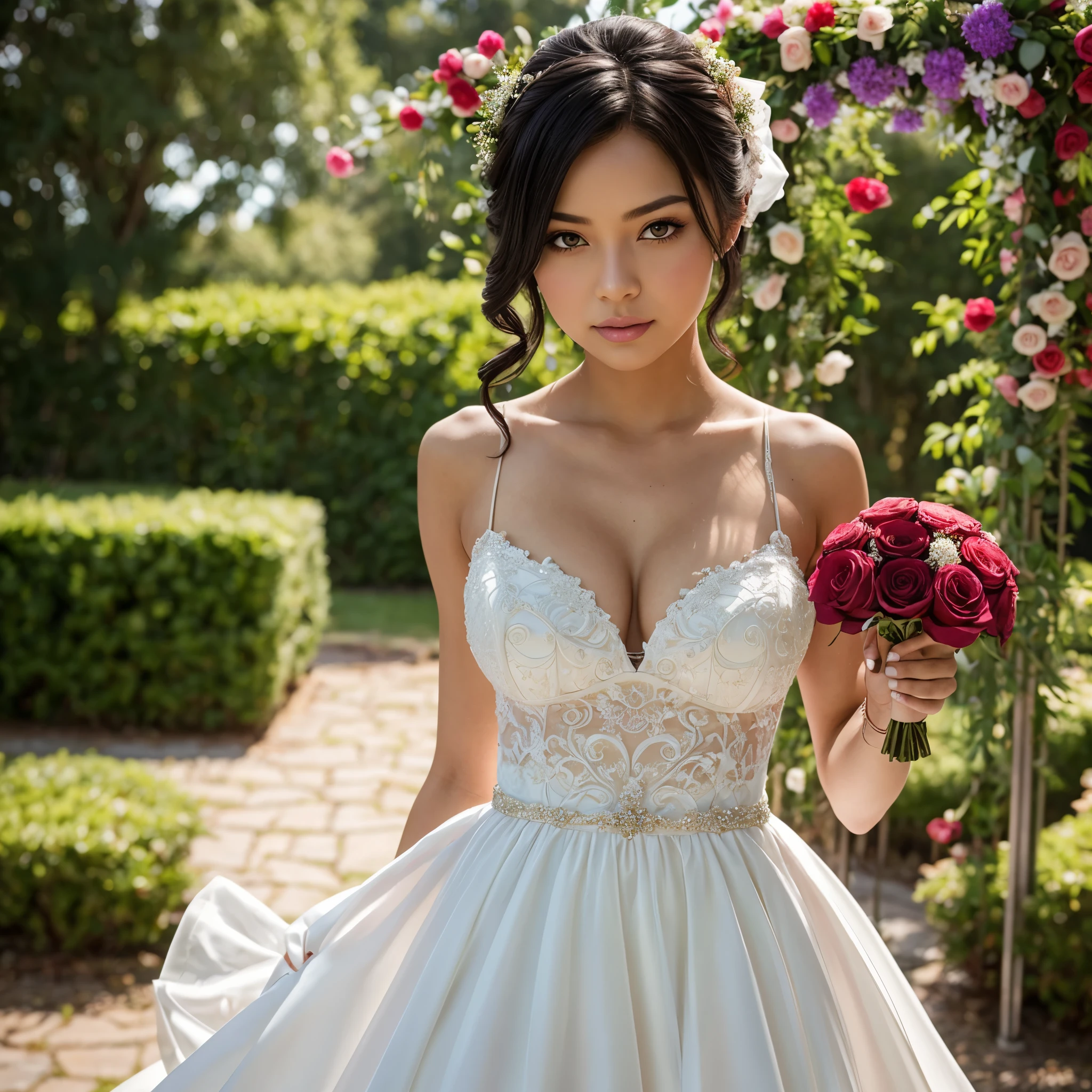 masterpiece:1.2, best quality), realistic, (real picture, intricate details, depth of field), (1girl, solo), make up, parted lips, highly-detailed, perfect face, (skindentation), thick thighs, wide hips, small waist, tall, glossy coral lips,, (A girl in a wedding dress with flowers in hands )), sexy, blushing, Mikasa from AOT