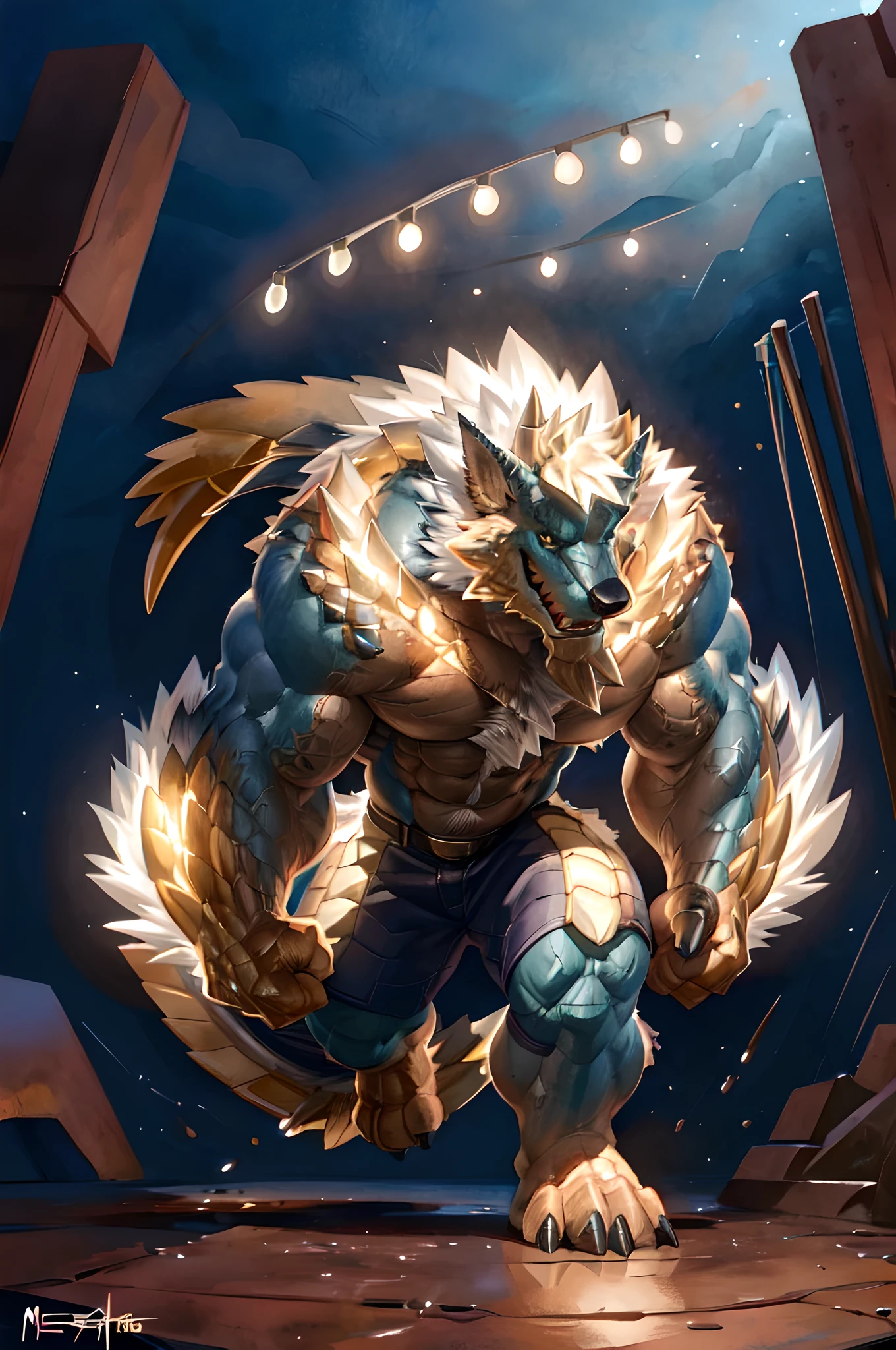 zinogre, 4k, high resolution, best quality, detailed, posted on e621, solo, anthro body, older male, masculine:1, male, very masculine, (very muscular, heavyweight:1.25), (correct anatomy):1, (detailed eyes:1.1), sexy, (cel shaded:1.2), cartoony shading, strong shadows, confident, (by takemoto arashi, by meesh, by Taran Fiddler, by wfa), watercolors, strong, full body, strong shading, strong,