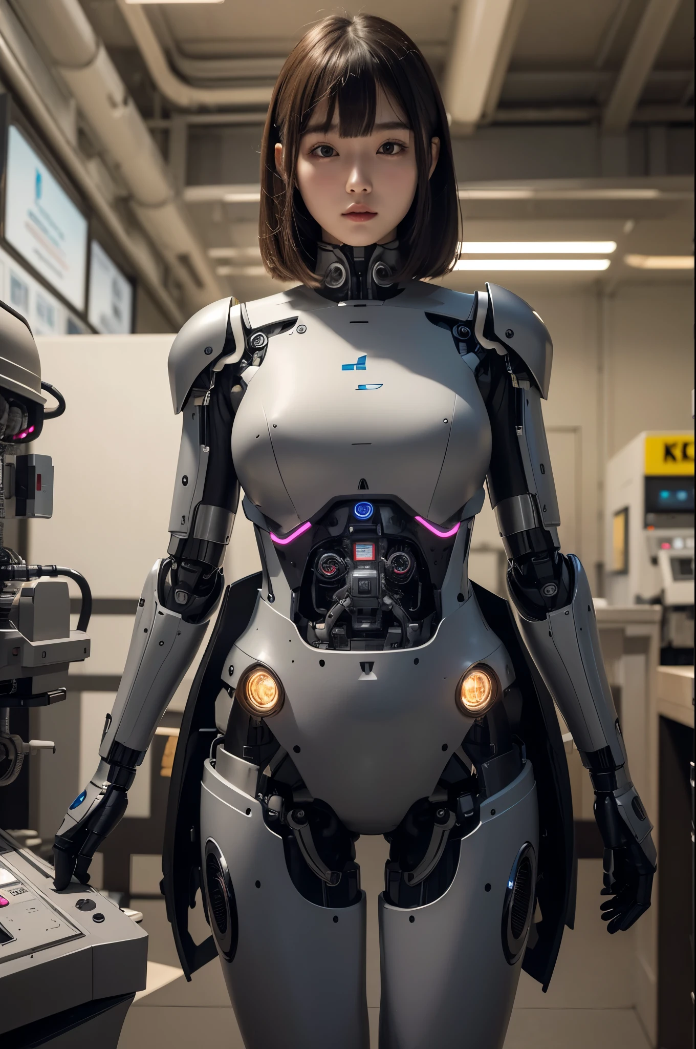 masterpiece, Best Quality, Extremely detailed, 8K portrait,Japaese android girl,Plump , control panels,Robot arms and legs, Blunt bangs,Charging spot,She is exhibits,musium