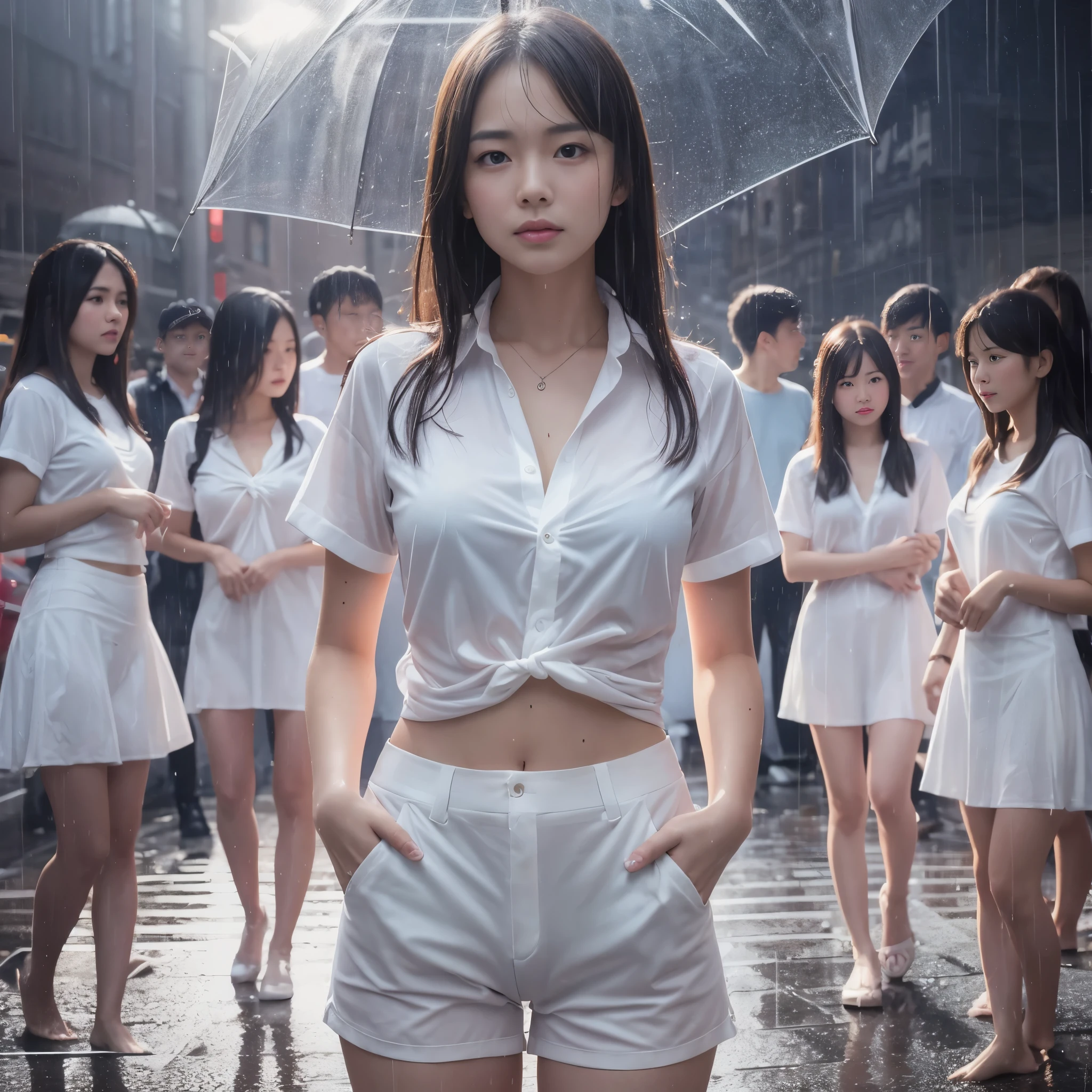 (RAW photo:1.2), (realistic), beautiful detailed girl, very detailed 目 and face, beautiful and detailed eyes, huge file size, High resolution, very detailed, highest quality, [table top:1.6], shape, very detailed, small details, highest quality, 8k wallpaper, movie lighting, girl, standing in the rain, My whole body is drenched in rain,  Her white bra is visible through her shirt.,  Her pants are transparent and you can see her white panties., look of despair, slender body, young face, immature body,small breasts,  exposed underwear, My clothes are wet from the rain and my underwear is showing through., on a dark road, heavy rain, Dimly lit cityscape, Rainy landscape