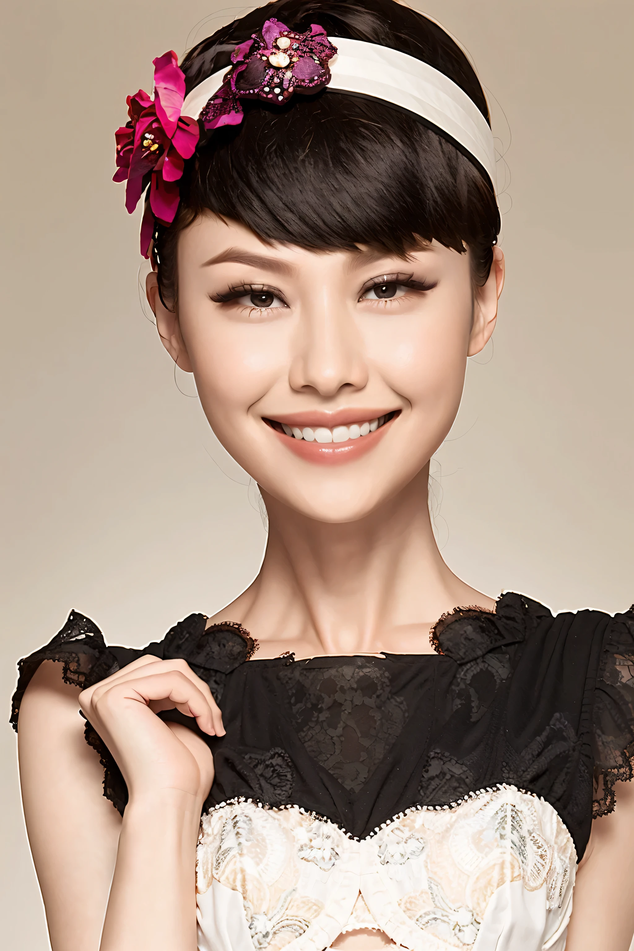 fashion model 20 years old [[[[close up]]]], [[[[neck]]]], [[[[Shoulder]]]], perfect eyes, perfect iris，perfect lips，perfect teeth，Perfect skin，White skin，Soft headlight，High Density Imaging Review，long black hair，（Face is clear and delicate），((white lace underwear))，((Sexy))，(((charming smile)))，((Half body photo))，((The background is the bedroom))，((Deluxe king bed))，best quality，masterpiece，（pastel colors：1.2）