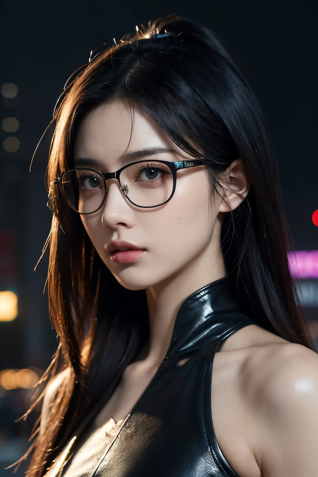 a girl, in cyberpunk city, cyberpunk photo, cyberpunk 2 0 y. o model girl, in a futuristic cyberpunk city, female, in a cyberpunk city, cyberpunk beautiful girl, in cyberpunk style, cyberpunk girl, futuristic cyberpunk tokyo night, at cyberpunk city, (tmasterpiece、4K 分辨率、ultra-realistic realism、The is very detailed), "Full and juicy lips, mesmerizing wide eyes, a defined jawline, and high cheekbones. A perfectly symmetrical face with distinct features.", wearing glasses, Korean.