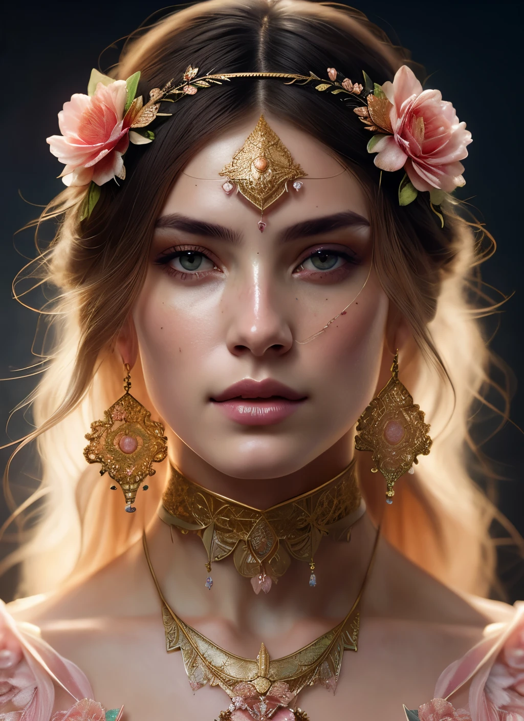 (symmetry:1.1) (portrait of floral:1.05) a woman as a beautiful goddess, (assassins creed style:0.8), pink and gold and opal color scheme, beautiful intricate filegrid facepaint, intricate, elegant, highly detailed, digital painting, artstation, concept art, smooth, sharp focus, illustration, art by greg rutkowski and alphonse mucha, 8k