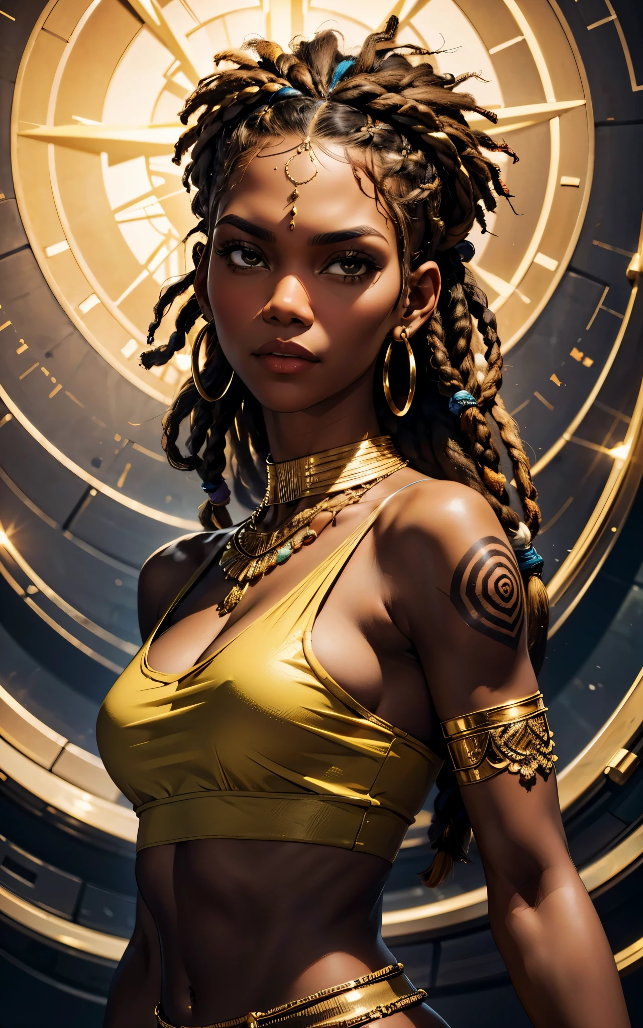 (Zendaya:Halle Berry) dressed like a nigerian chaman, red green and yellow sleeveless tunic, (high top fade haircut and dreads) tribal tattoo in the face, (golden rings necklace), Lovecraft atmosphere, masterpiece, hyperdetailed