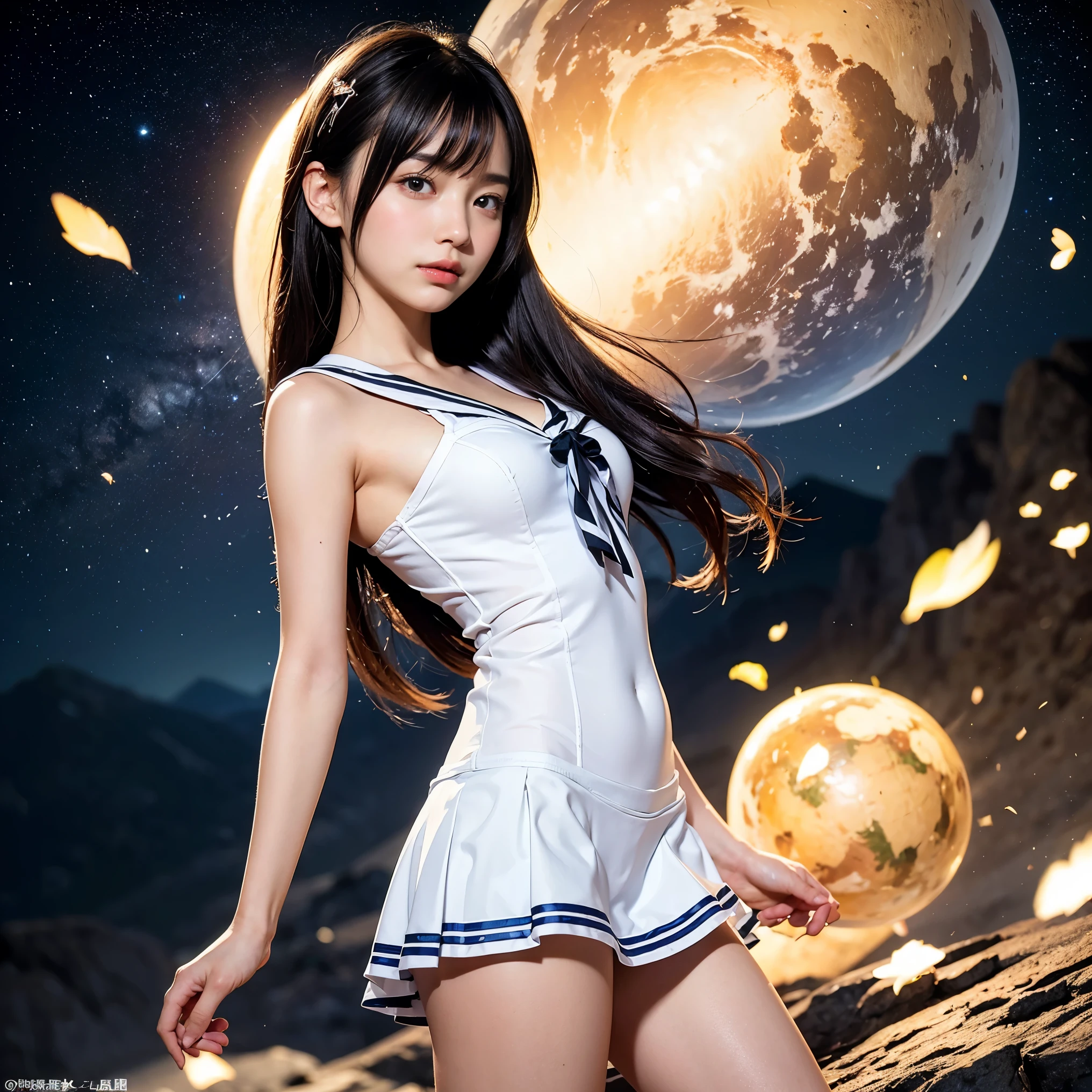 (masutepiece, Best Quality:1.2), 8K, Official art, Wearing a suit、Five Fingers、Full body photo, full body Esbian、Suit Beauty、Big Dipper in the background、star explosion、Beautiful barefoot woman with dark hair, hold a flame in your right hand、i'I'm holding a snowstorm in my left hand、Bright lava light rises above the broken Earth from beneath the asteroid belt(Jagged rock rocks and fragments shot into the air:1.3) (Storm of windy dust debris:1.1) Volume fogmist by trace Z、It can allow bright light from below to pass through、 (masterpiece) (top-quality) (detaileds) (8K) (电影灯光) (foco nítido) (Convoluted)A dark-haired、years、small tits、A delightful、A smile、unbelievable Ridiculous, (a beauty girl, Pretty Face, arching back down, Gold hair ornament on hair、Wearing a cute suit、close up, Wearing a suit, Short sleeve, gardenia, violaceaess, space system, Looking at Viewer, Film grain, chromatic abberation, Sharp Focus, face lights, Dynamic lighting, Cinematic lighting, Eyes and faces with detailed, Bokeh background, (Tie with Emma written on it、1 copy:1.2)