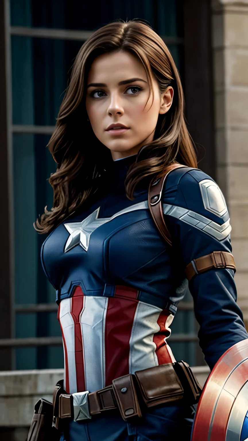 une femme type européenne, brune, habillé en captain america, scenen cinema, super réaliste