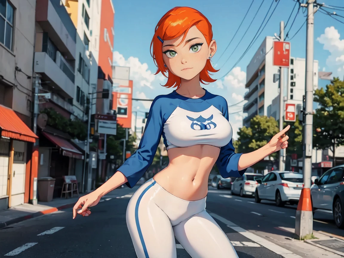 (masterpiece, 1girl, solo), (high quality), 8k, perfect eyes, perfect face, long sleeves,  light blue shirt, tight white pants, standing, teasing, short shirt, in the street, front of beach, cat logo in shirt,(((MFBP1, white legging pants, sexy woman, fitness, median breasts, large hips, curvy))),