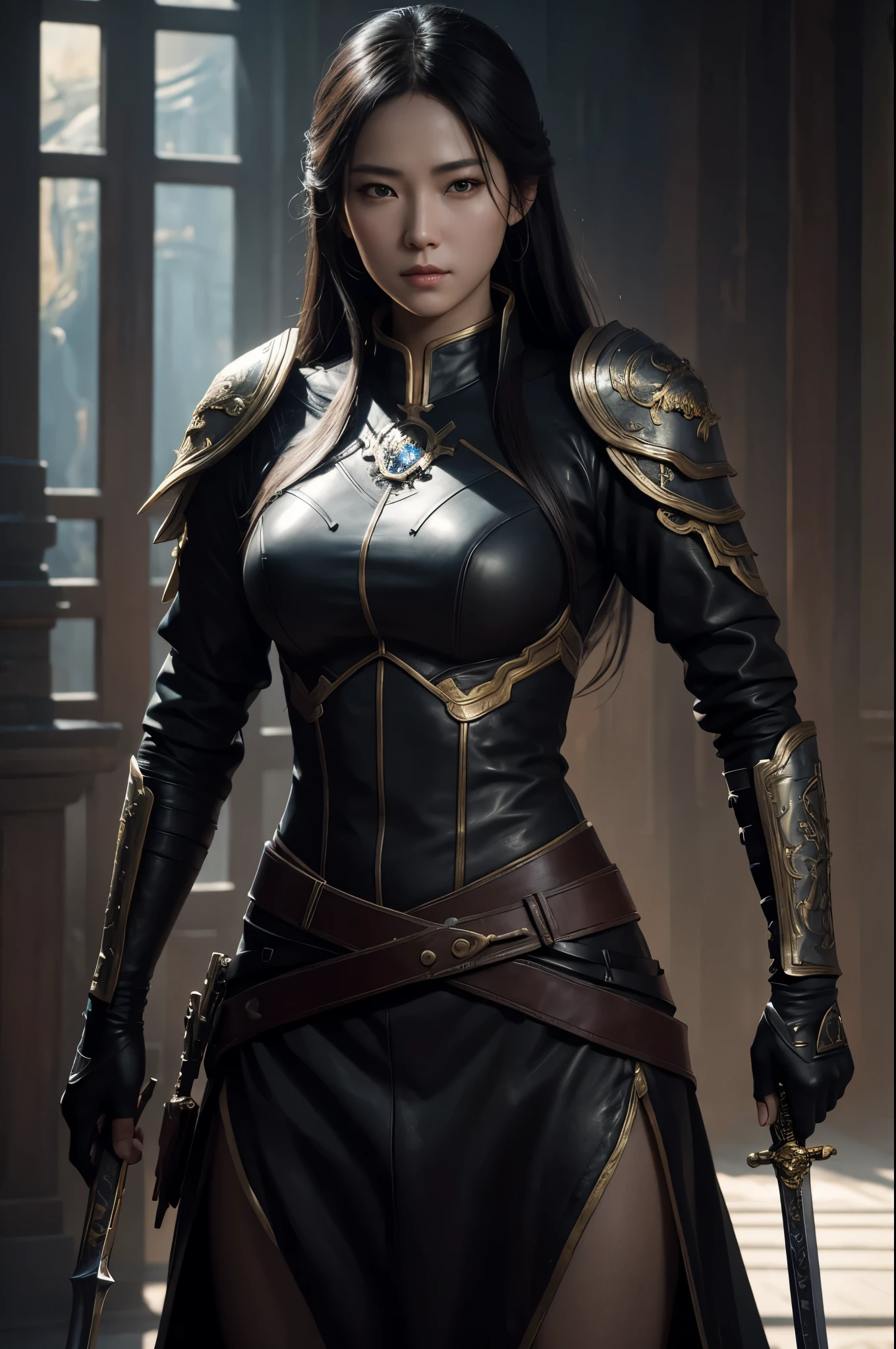 8K,A woman wearing leather clothes holds a sword, by Jan J., Artjam and Ati Gailan, Written by Ruan Jia and Stanley Artgerm, Artjam and Luan Jia, Chengwei Pan at Art Station, Written by Ren May, Written by Fan Chi, fan art best art station, beautiful character drawings, Written by Li Song, great character art,masterpiece,Photorealistic RAW photos of the highest quality。bright colors,rich colors, Backlight, cinematic lighting, film grain, to be born, 50mm lens, Nikon D850,realistic skin,fantasy art,Close-up,