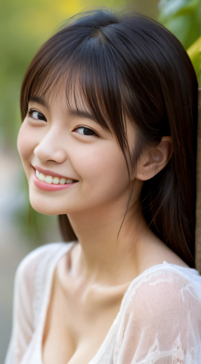 Japanese ),((beautiful girl)),cleavage,An expression that imagines something pleasant:1.2,(perfect body beauty:1.2),((perfect body)),(shy smile),beautiful teeth,