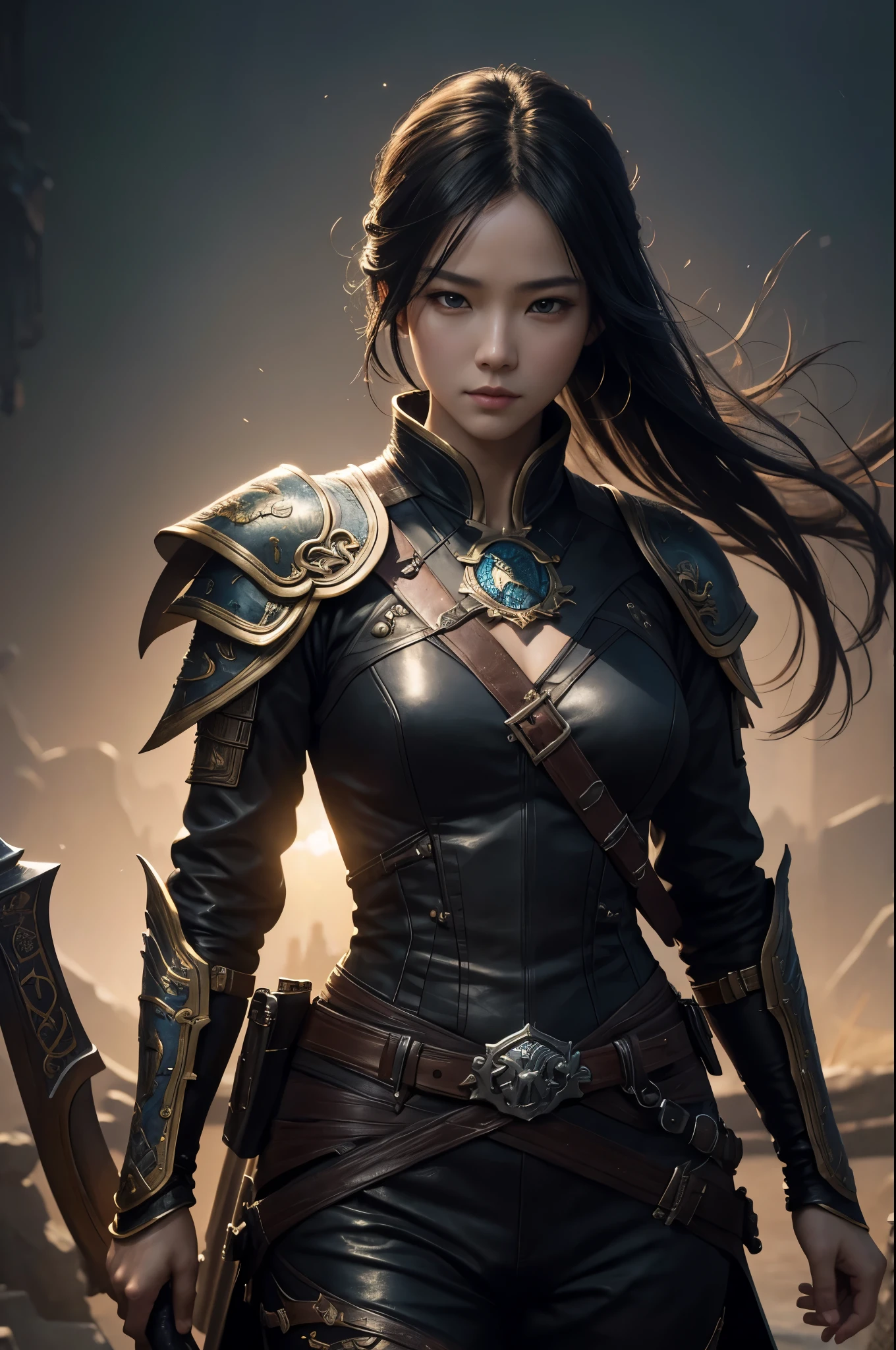 8K,A woman wearing leather clothes holds a sword, by Jan J., Artjam and Ati Gailan, Written by Ruan Jia and Stanley Artgerm, Artjam and Luan Jia, Chengwei Pan at Art Station, Written by Ren May, Written by Fan Chi, fan art best art station, beautiful character drawings, Written by Li Song, great character art,masterpiece,Photorealistic RAW photos of the highest quality。bright colors,rich colors, Backlight, cinematic lighting, film grain, to be born, 50mm lens, Nikon D850,realistic skin,fantasy art,Close-up,