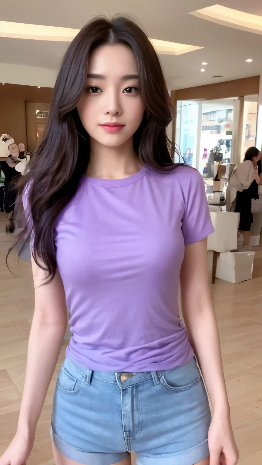 ((top-quality、8k、masterpiece:1.3))、Beautiful woman with perfect body:1.4、slim abdomen:1.2、Longhair, normal breast, Highly detailed facial and skin texture, A detailed eye, delicate eyes, double eyelid, (smile), (full body shot), ((shopping mall)), (standing), (((wearing purple tshirt with short pants)), looking in front
