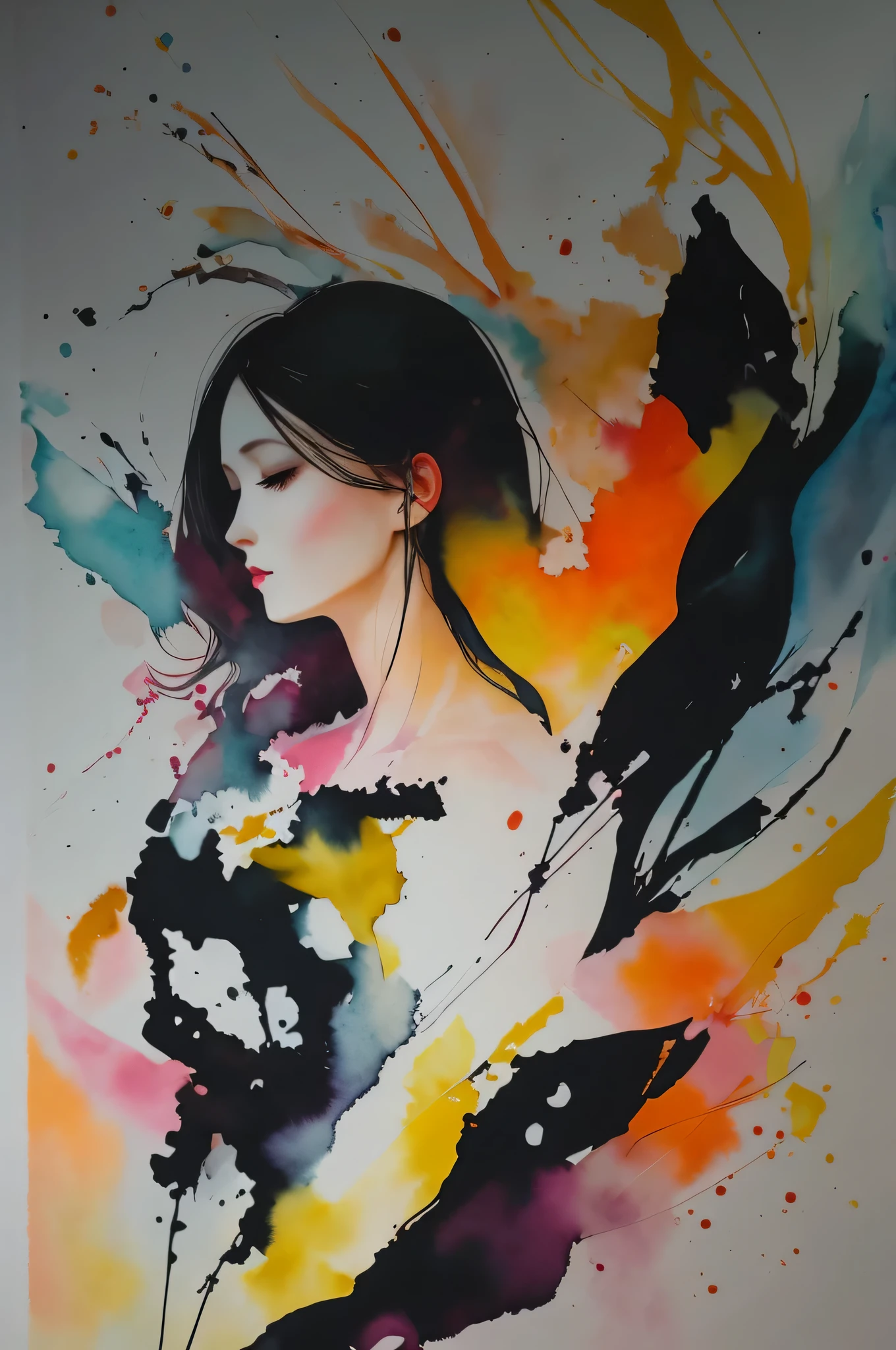 Watercolor Touch、Bleeding、a woman , luminous design, pastel colours, ink drips, spring lights,Artistic,black and オレンジ、