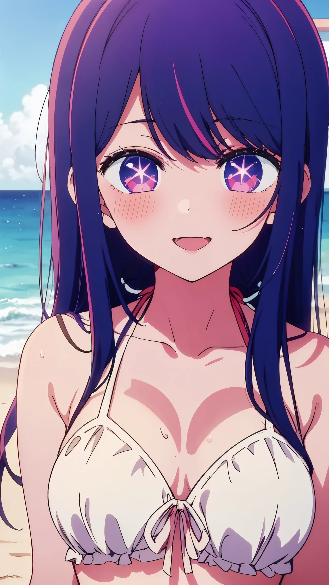 長い髪と紫の目をしたanime girl, A painting inspired by Puru, tumbler, conceptual art, anime best girls, anime moe art style, Another close-up of Iwakura, Anime visuals of cute girls, ルーシーという名前のanime girl, iwakura lain, Still from the TV anime, anime stills, (anime girl)、(((beach)))、laughter、open your mouth、Ai Hoshino、(((bikini)))