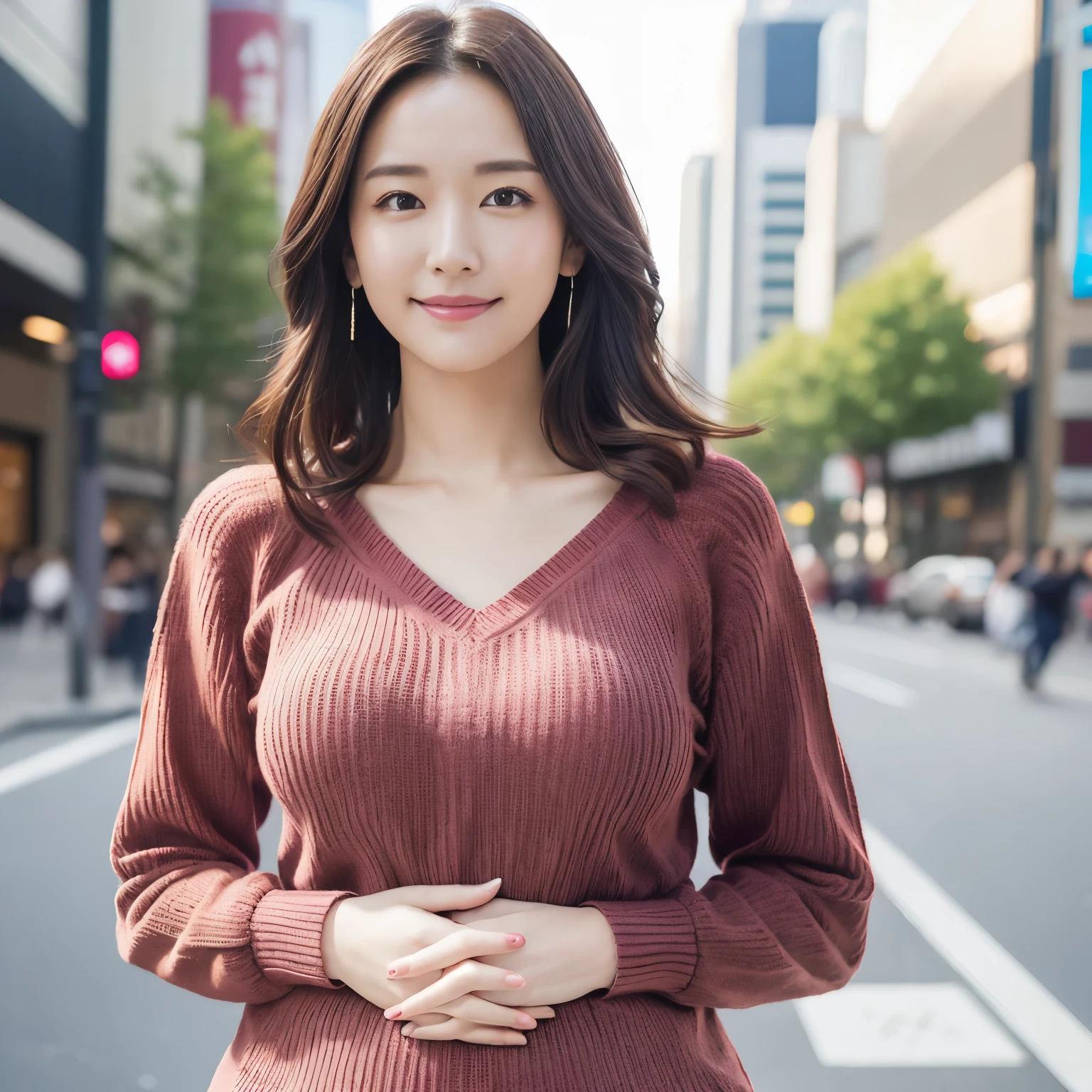 (highest quality、table top、8k、best image quality、Award-winning work)、one beautiful woman、25 years old、perfect dynamic composition、big and full breasts、[clavicle]、(Patsun:1.1)、(Wine red thick V-neck knit:1.1)、(Knit that fits perfectly to the body:1.1)、(perfect v-neck knit sweater:1.1)、(slightly pregnant:1.1)、(very thin pregnant woman:1.05)、full body photo、look at me and smile、(Strongly blurred Shinjuku background:1.1)、stand gracefully、droopy eyes、natural makeup、Ultra high definition beauty face、ultra high definition hair、Super high-definition sparkling eyes、Super high resolution glossy lips、accurate anatomy