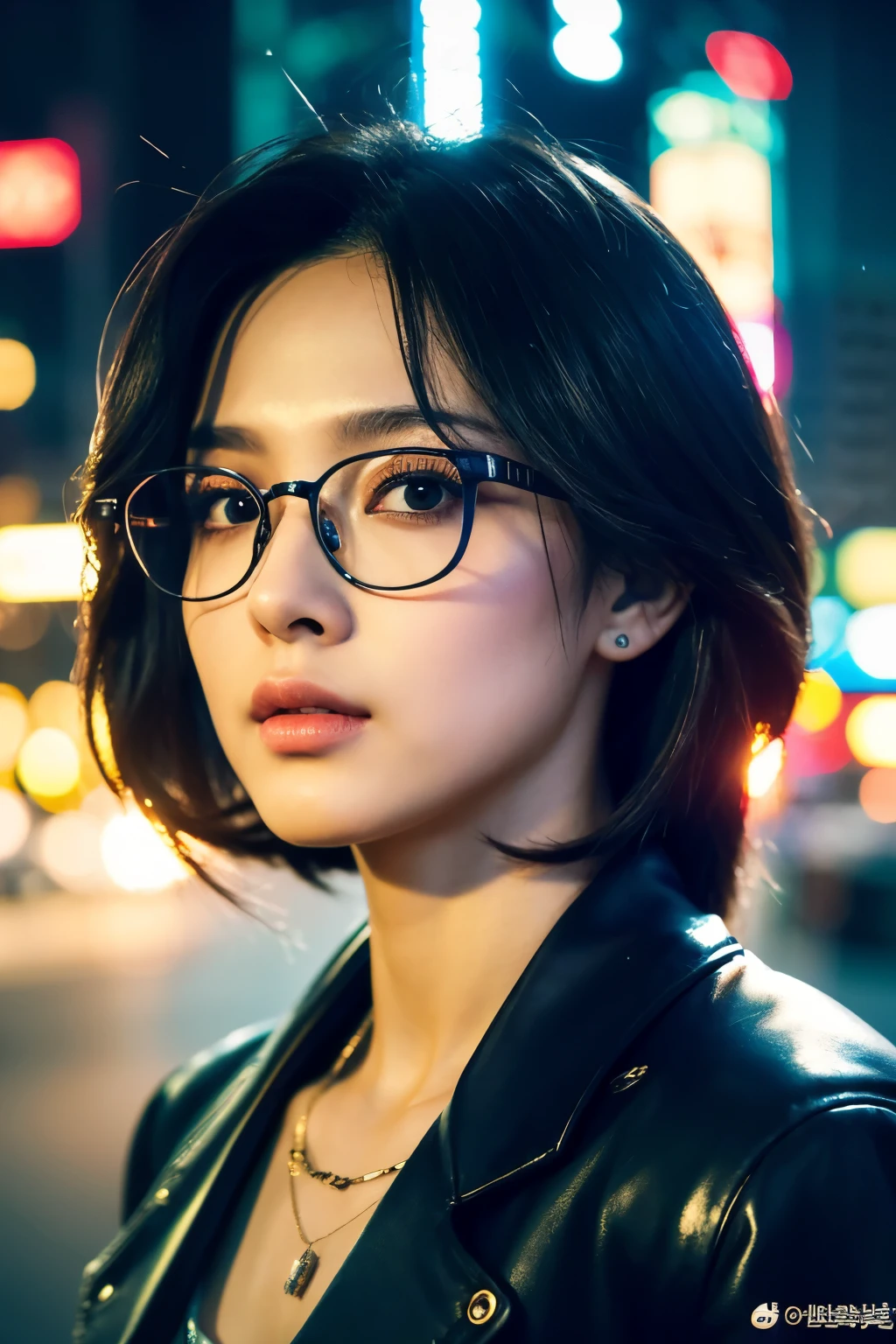 a girl, in cyberpunk city, cyberpunk photo, cyberpunk 2 0 y. o model girl, in a futuristic cyberpunk city, female, in a cyberpunk city, cyberpunk beautiful girl, in cyberpunk style, cyberpunk girl, futuristic cyberpunk tokyo night, at cyberpunk city, (tmasterpiece、4K 分辨率、ultra-realistic realism、The is very detailed), "Full and juicy lips, mesmerizing wide eyes, a defined jawline, and high cheekbones. A perfectly symmetrical face with distinct features.", wearing glasses, Korean.