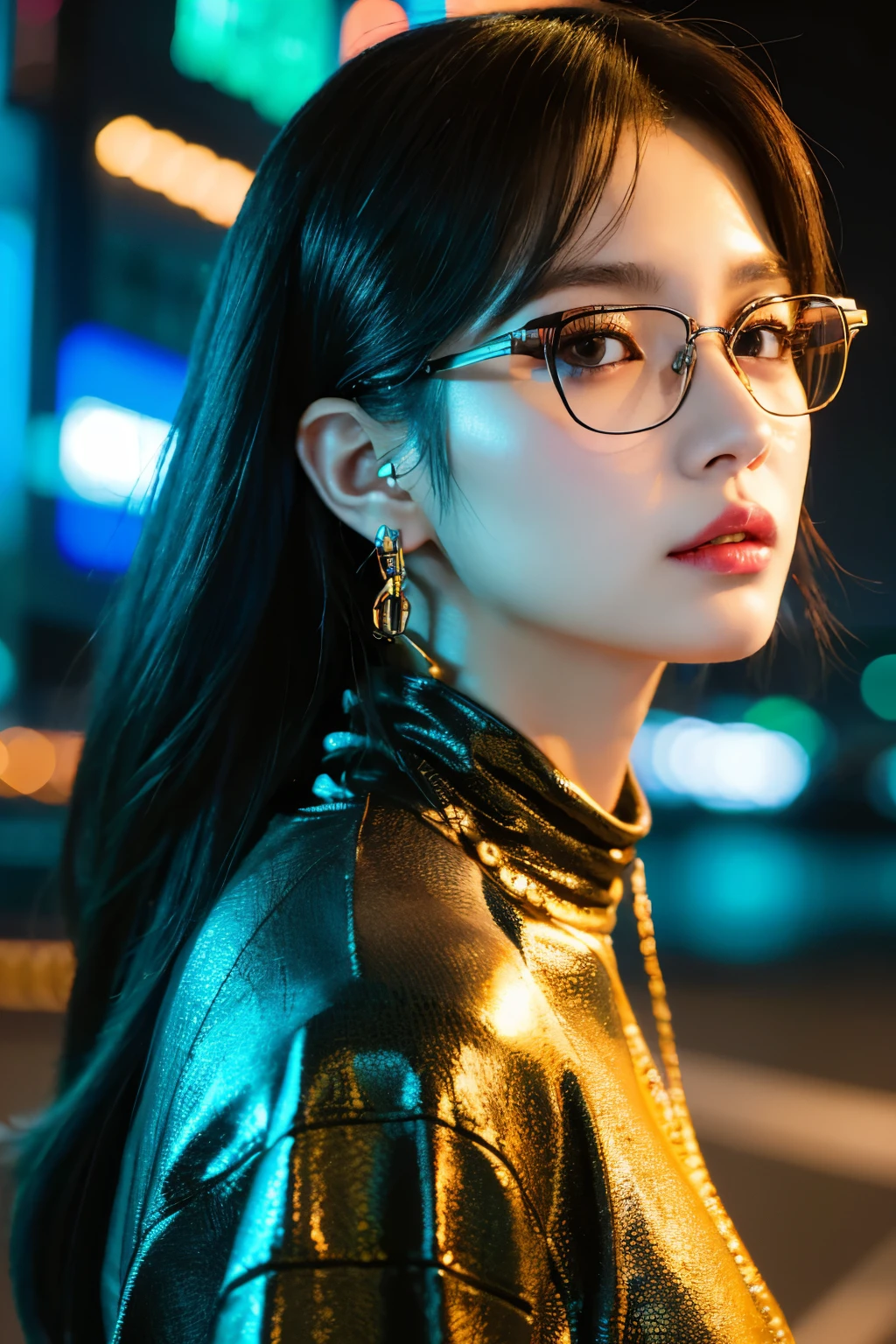 a girl, in cyberpunk city, cyberpunk photo, cyberpunk 2 0 y. o model girl, in a futuristic cyberpunk city, female, in a cyberpunk city, cyberpunk beautiful girl, in cyberpunk style, cyberpunk girl, futuristic cyberpunk tokyo night, at cyberpunk city, (tmasterpiece、4K 分辨率、ultra-realistic realism、The is very detailed), "Full and juicy lips, mesmerizing wide eyes, a defined jawline, and high cheekbones. A perfectly symmetrical face with distinct features.", wearing glasses, Korean.