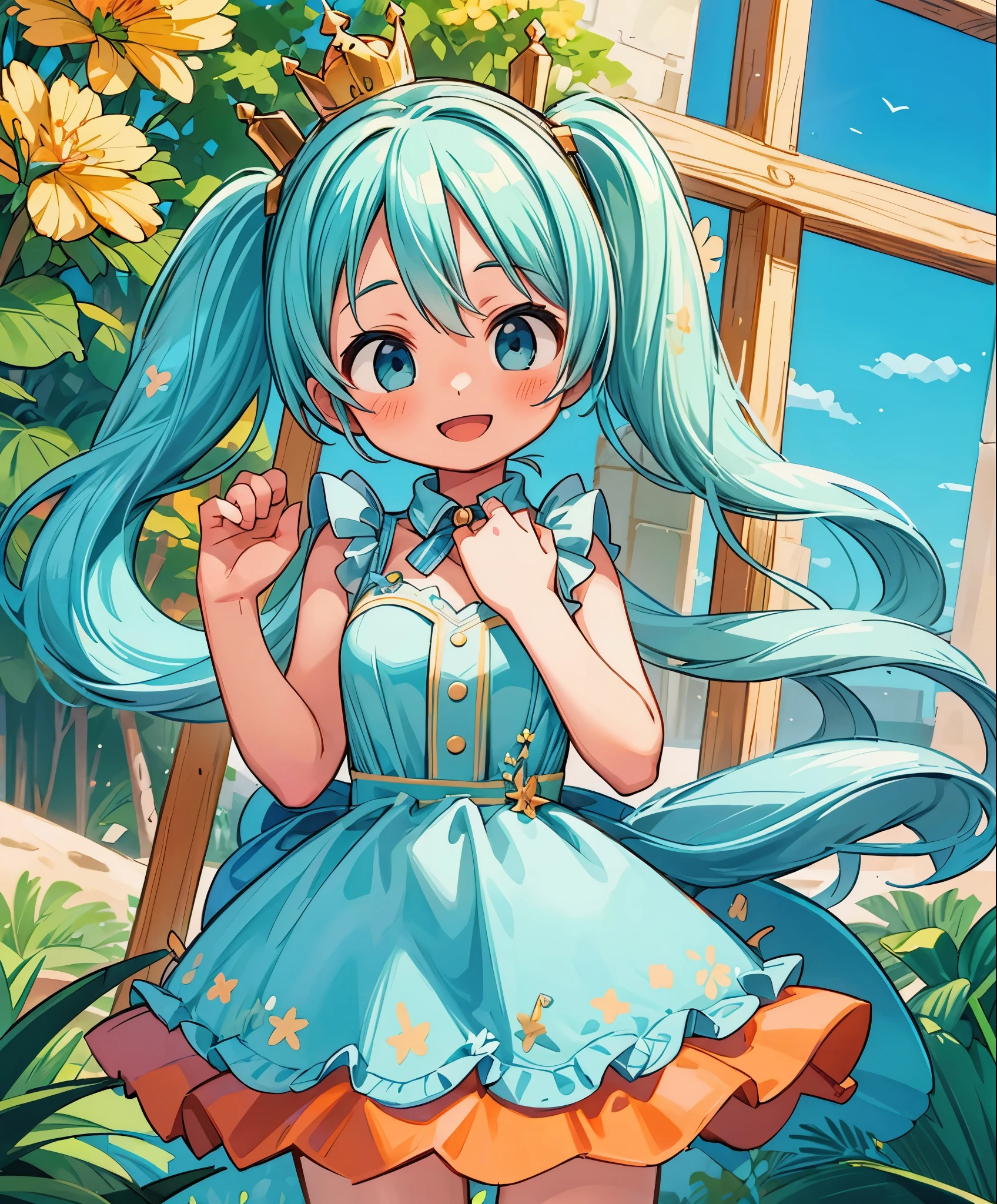 (masterpiece、highest quality、highest quality、official art、beautiful beautiful:1.2)、(1 girl:1.3)Hatsune Miku、big breasts、twin tails、adorable smile、very detailed、table top, highest quality, alone, 1 girl, orange hair, blue hair, :D, orange dress, looking at the viewer, outdoors, sand, sand丘, huge castle, crown, Are standing, whole body, cowboy shot, put your hand on your waist,