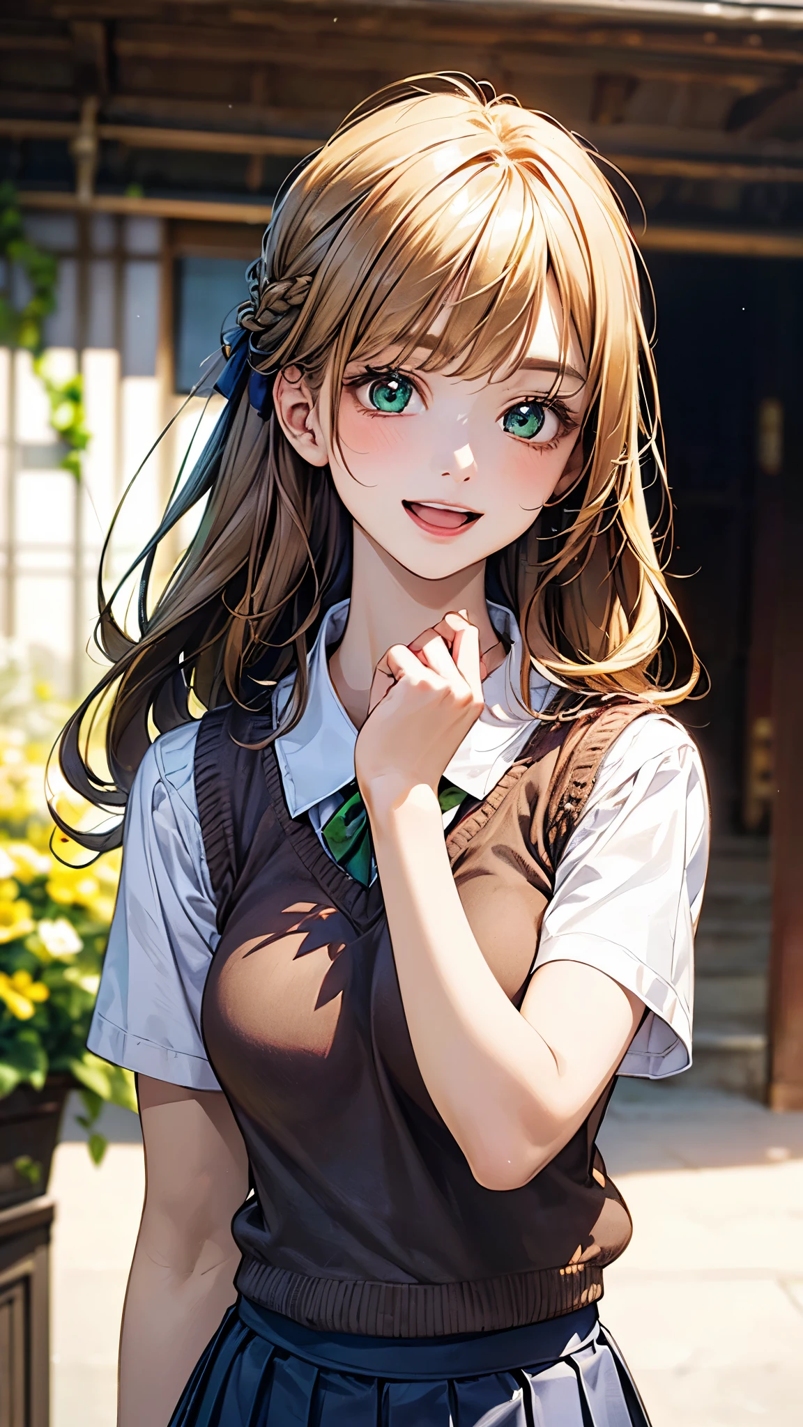 (masterpiece:1.2, top-quality), (realistic, photorealistic:1.4), beautiful illustration, (natural side lighting, movie lighting), depth of field, 
looking at viewer, (face focus, upper body), front view, 1 girl, japanese, high school girl, 16 years old, perfect face, cute and symmetrical face, shiny skin, 
(long hair:1.7, half updo:1.4, sideburns:1.5, blond hair), asymmetrical bangs, emerald green eyes, big eyes, drooping eyes, long eye lasher, (medium breasts), slender, 
beautiful hair, beautiful face, beautiful detailed eyes, beautiful clavicle, beautiful body, beautiful chest, beautiful thigh, beautiful legs, beautiful fingers, 
((detailed cloth texture, yellow brown knitted vest, short sleeve white collared shirts, navy pleated skirt, red bow tai)), 
(beautiful scenery), evening, (inside flower shop), standing, (happy smile, upper eyes, open mouth), 