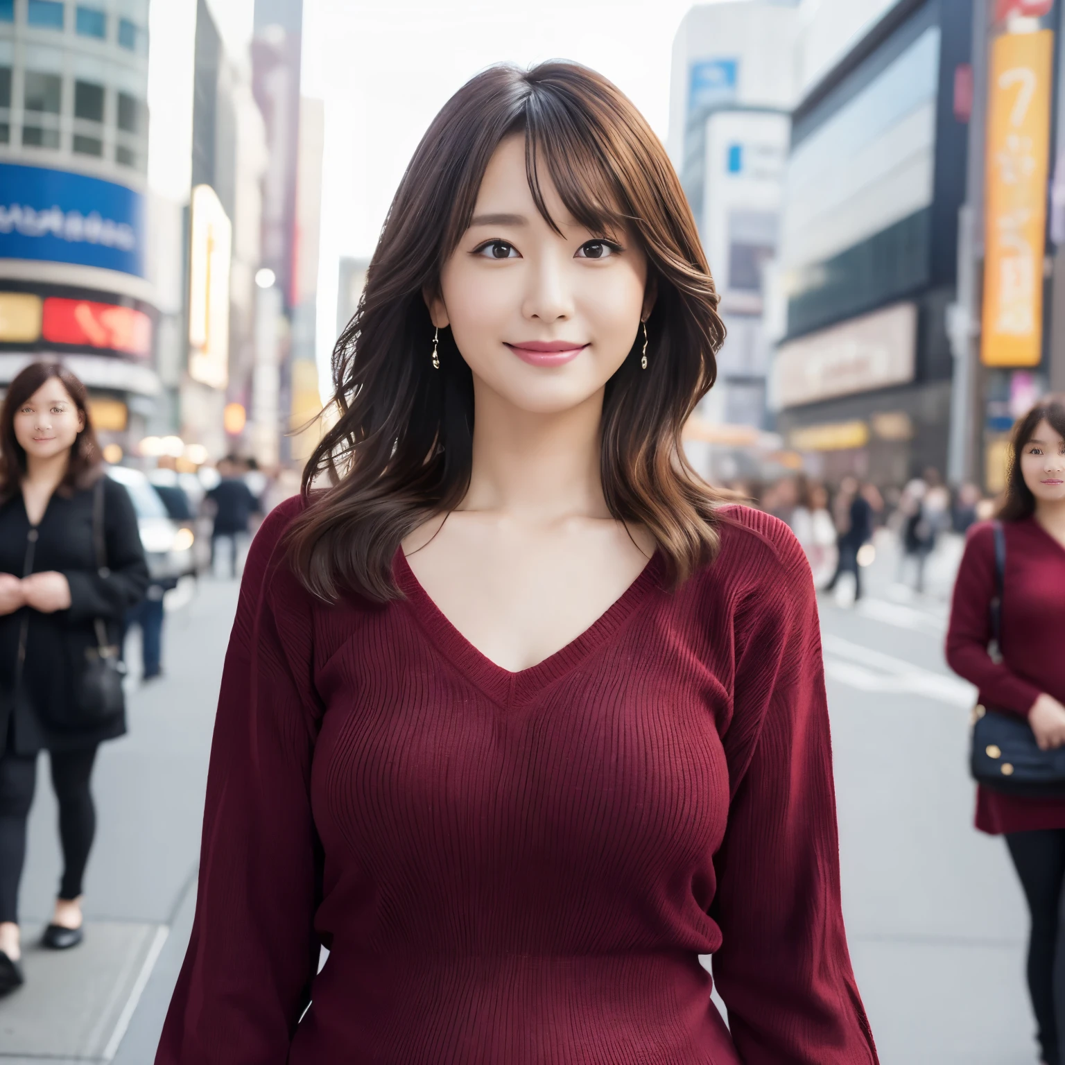 (highest quality、table top、8k、best image quality、Award-winning work)、one beautiful woman、25 years old、perfect dynamic composition、big and full breasts、[clavicle]、(Patsun:1.1)、(Wine red thick V-neck knit:1.1)、(Knit that fits perfectly to the body:1.1)、(perfect v-neck knit sweater:1.1)、(slightly pregnant:1.1)、(very thin pregnant woman:1.05)、full body photo、look at me and smile、(Strongly blurred Shinjuku background:1.1)、stand gracefully、droopy eyes、natural makeup、Ultra high definition beauty face、ultra high definition hair、Super high-definition sparkling eyes、Super high resolution glossy lips、accurate anatomy