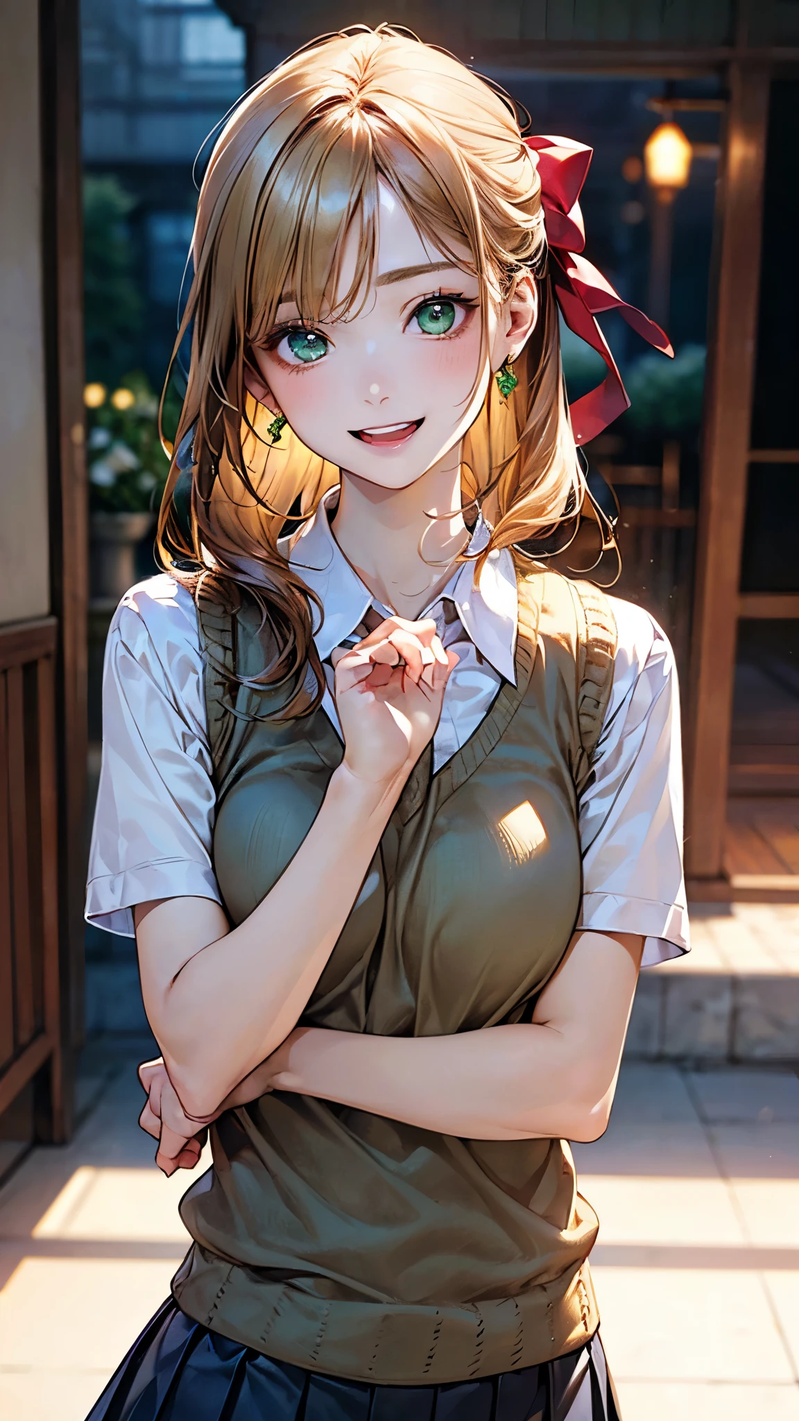 (masterpiece:1.2, top-quality), (realistic, photorealistic:1.4), beautiful illustration, (natural side lighting, movie lighting), depth of field,
looking at viewer, (face focus, upper body), front view, 1 girl, japanese, high school girl, , perfect face, cute and symmetrical face, shiny skin,
(long hair:1.7, half updo:1.4, sideburns:1.5, blond hair), asymmetrical bangs, emerald green eyes, big eyes, drooping eyes, long eye lasher, (medium breasts), slender,
beautiful hair, beautiful face, beautiful detailed eyes, beautiful clavicle, beautiful body, beautiful chest, beautiful thigh, beautiful legs, beautiful fingers,
((detailed cloth texture, yellow brown knitted vest, short sleeve white collared shirts, navy pleated skirt, red bow tai)),
(beautiful scenery), evening, (inside flower shop), standing, (happy smile, upper eyes, open mouth),