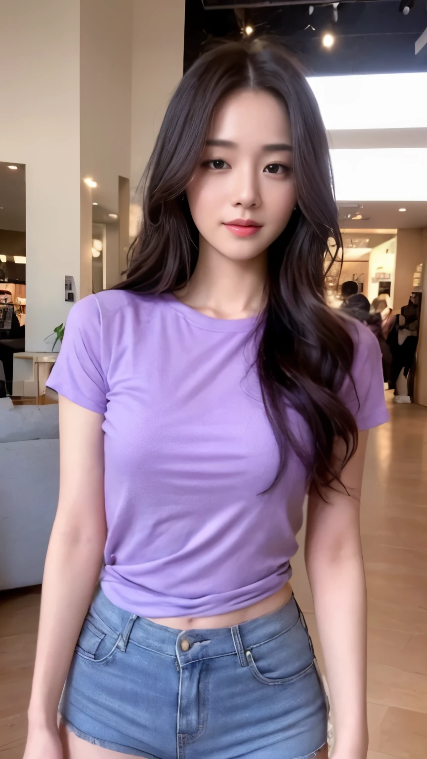 ((top-quality、8k、​masterpiece:1.3))、Beautiful woman with perfect body:1.4、slim abdomen:1.2、Longhair, normal breast, Highly detailed facial and skin texture, A detailed eye, delicate eyes, double eyelid, (smile), (full body shot), ((shopping mall)), (standing), (((wearing purple tshirt with short pants)), looking in front
