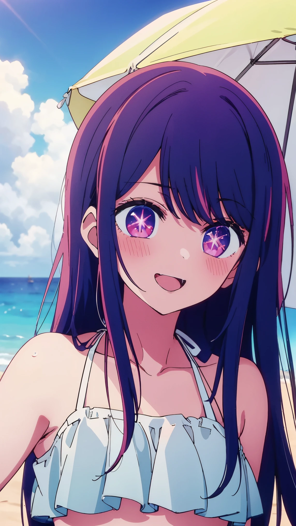 長い髪と紫の目をしたanime girl, A painting inspired by Puru, tumbler, conceptual art, anime best girls, anime moe art style, Another close-up of Iwakura, Anime visuals of cute girls, ルーシーという名前のanime girl, iwakura lain, Still from the TV anime, anime stills, (anime girl)、(((beach)))、laughter、open your mouth、Ai Hoshino、(((bikini)))、Upper body