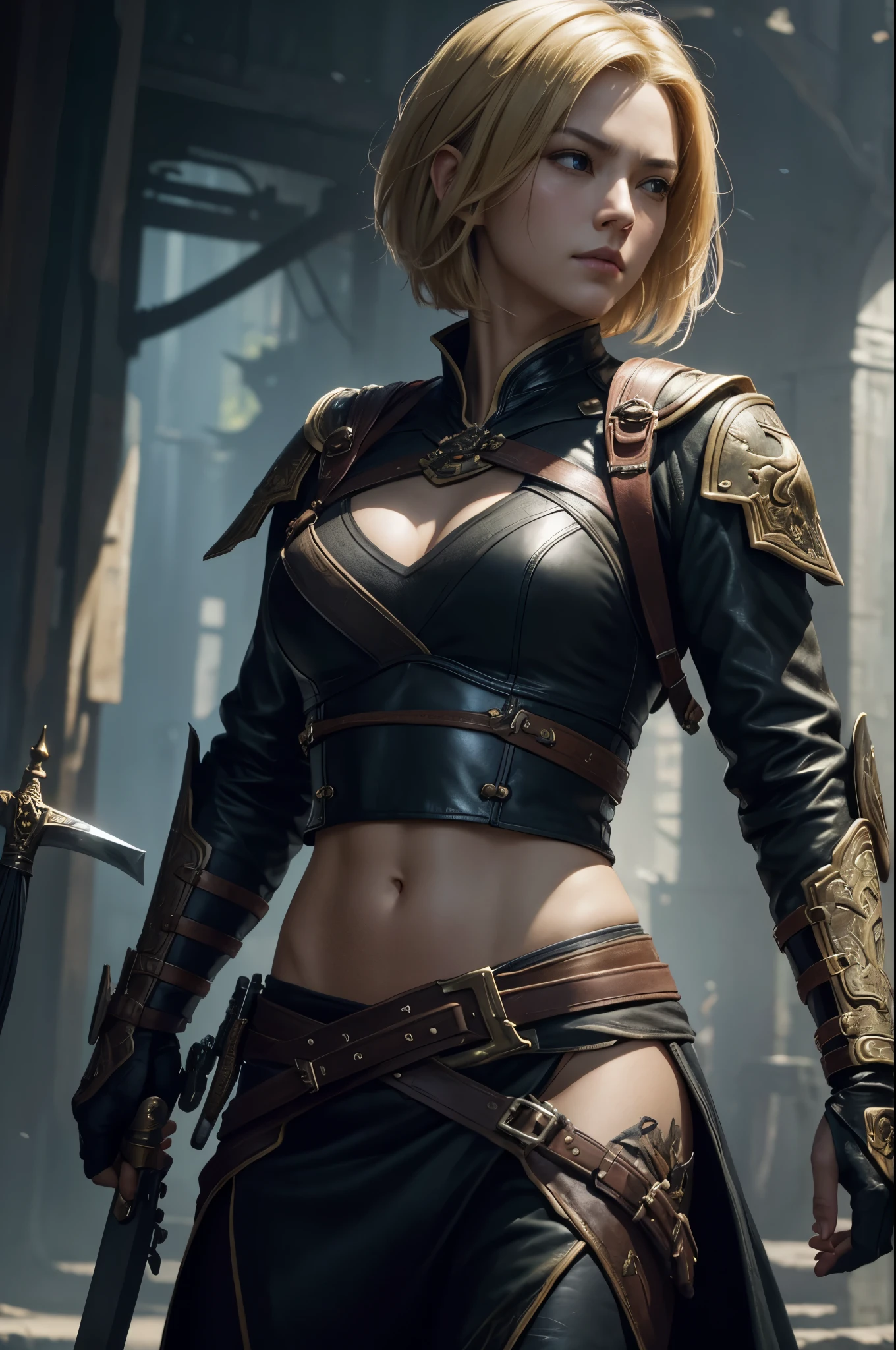 8K,A woman wearing leather clothes holds a sword, by Jan J., Artjam and Ati Gailan, Written by Ruan Jia and Stanley Artgerm, Artjam and Luan Jia, Chengwei Pan at Art Station, Written by Ren May, Written by Fan Chi, fan art best art station, beautiful character drawings, Written by Li Song, great character art,masterpiece,Photorealistic RAW photos of the highest quality。bright colors,rich colors, Backlight, cinematic lighting, film grain, to be born, 50mm lens, Nikon D850,realistic skin,fantasy art,Close-up,