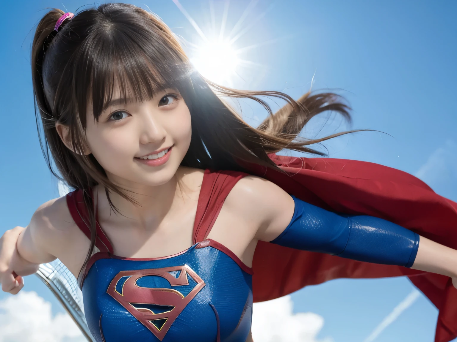 17 year old female、superman flying pose、、fly in the sky、Laughter、supergirl costume、爆笑、楽しそうな笑顔で