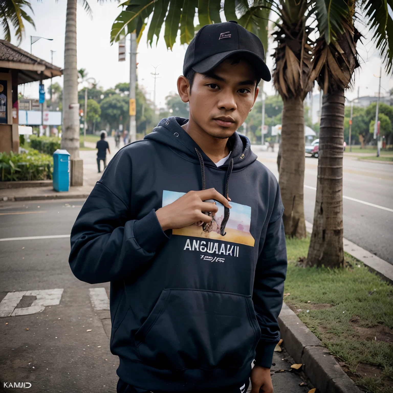 Foto anak cowok pake hoodie sambil merokok,dengan nama "pajatadi", baground taman kota pinggir jalan