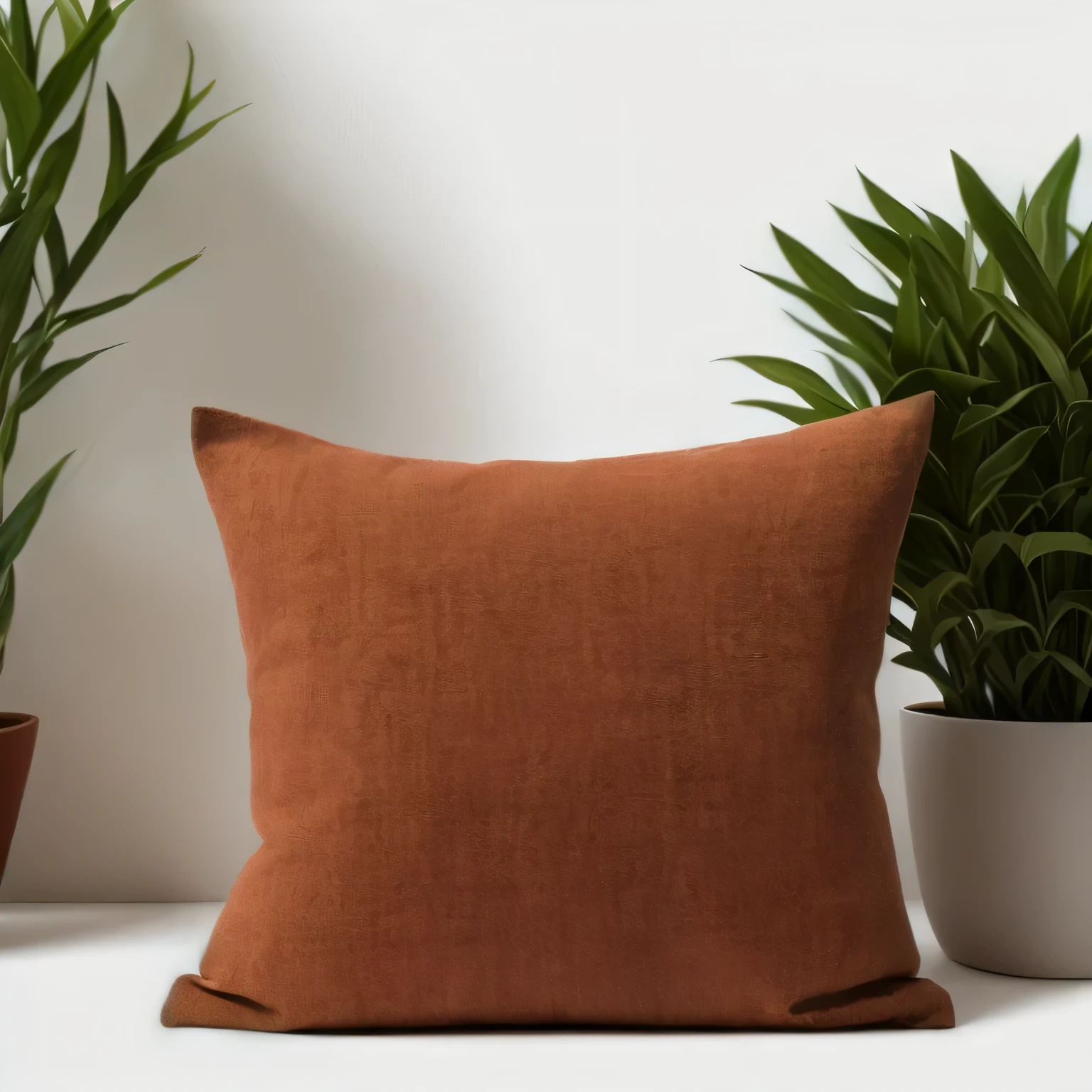一个棕色的Pillow放在白色的表面上, Upholstered, light beige Pillow, throw Pillow, warm color, Linen canvas, blush, terracotta, Pillow, ocher, lush nature, black and terracotta, warm color調, light tone, 红ocher, warm color調s, 舒适的warm color调, Sunlight, Warm moody lighting, Natural light, soft warm light