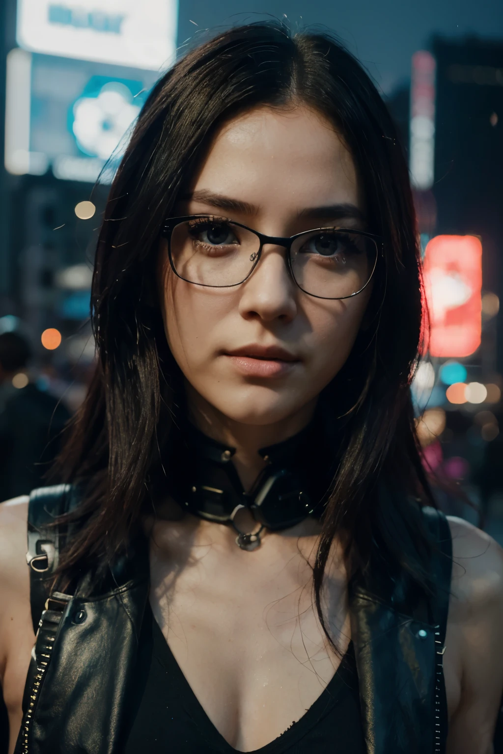 a girl, in cyberpunk city, cyberpunk photo, cyberpunk 2 0 y. o model girl, in a futuristic cyberpunk city, female, in a cyberpunk city, cyberpunk beautiful girl, in cyberpunk style, cyberpunk girl, futuristic cyberpunk tokyo night, at cyberpunk city, (tmasterpiece、4K 分辨率、ultra-realistic realism、The is very detailed), "Full and juicy lips, mesmerizing wide eyes, a defined jawline, and high cheekbones. A perfectly symmetrical face with distinct features.", wearing glasses, Japaneses.
