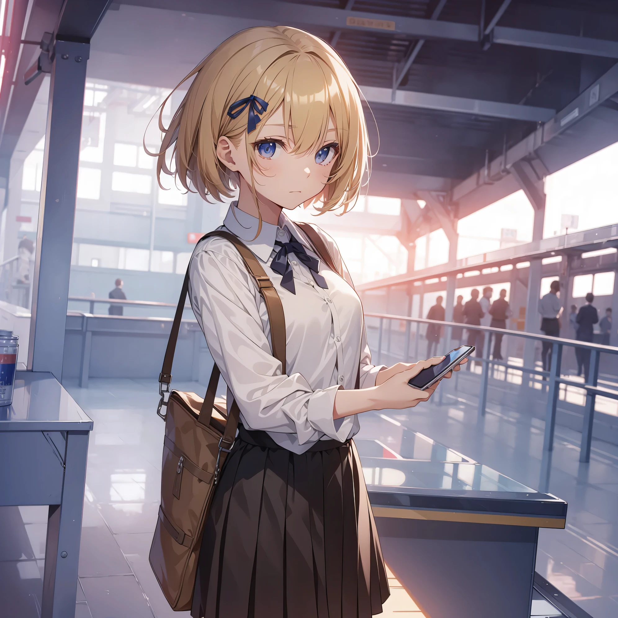 Ultra-highest quality by the art god, super detailed, High resolution, anime moe art style, Best Anime 8K Kona-chan Wallpaper, pixiv contest winner, perfect ???????, break,(眠そうにalone学校へ行く女の子を描いてください. )break,1 girl, (alone,little woman, , 13 years old:1.3),All limbs, full finger,, The charm of an immature body, (very short hair), bangs, bow, flat chest, Because I'm slender, thin body, small ass, between legs, small black eyes, detailed and beautiful eyes, Well-proportioned iris and pupils, expressive eyes, High resolutionの詳細な髪, ribbon, neck ribbon, skirt, collared shirt, pleated skirt, school uniform, school bag,(detailed lighting), (detailed background), On the way to school. break,super dense skin, Best lighting by famous artists, 8k, cute illustration,Hmm, rough skin