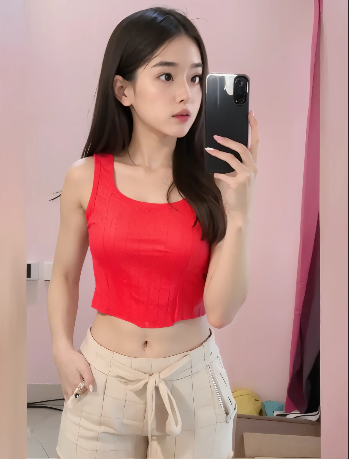 a close up of a woman taking a selfie in a mirror, wearing crop top, 18 years old, wearing red tank top, croptop and shorts, crop top, wearing a sexy cropped top, 2 4 year old female model, photo of slim girl, wearing yellow croptop, wearing crop top and miniskirt, with lovely look, croptop, candid photo