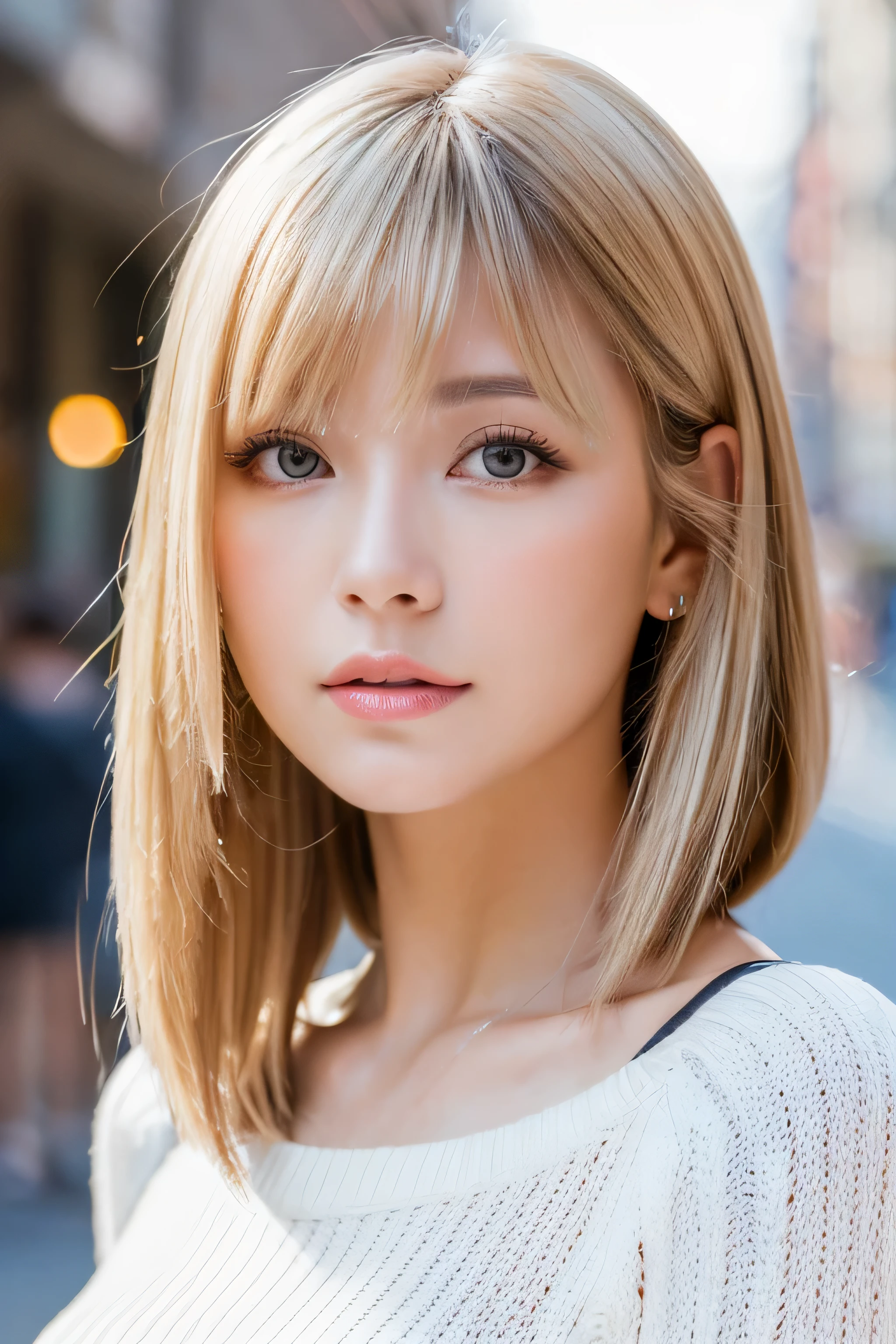 A woman with blonde hair and bangs posing for a picture - SeaArt AI