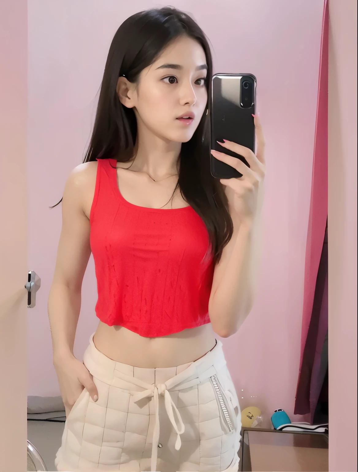 a close up of a woman taking a selfie in a mirror, wearing crop top, 18 years old, wearing red tank top, croptop and shorts, crop top, wearing a sexy cropped top, 2 4 year old female model, photo of slim girl, wearing yellow croptop, wearing crop top and miniskirt, with lovely look, croptop, candid photo