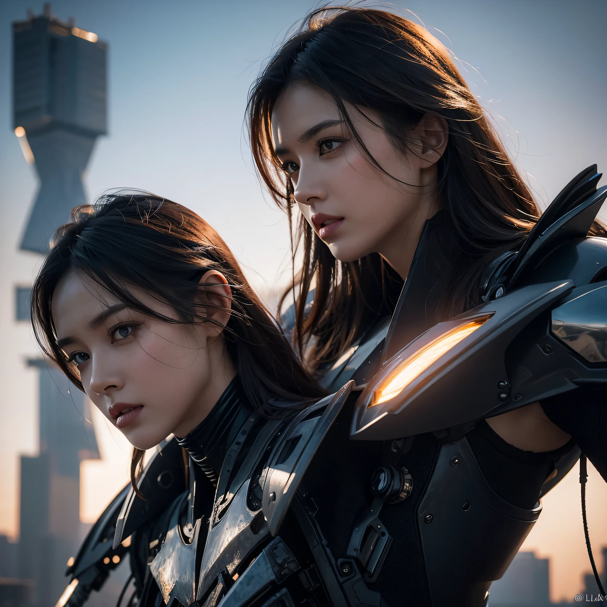 In a destroyed future city,穿着划痕和失去Light泽的未来派盔甲的性感女人的中景, fantasy, Science fiction, Beautiful female face, Tempting, sexual, mist, Eyes vivid and charming, dramatic, A masterpiece of the highest quality, lifelike, detailed, 8k, high dynamic range, See deeply, Light, bloom, Light shining, Color difference, sharp focus