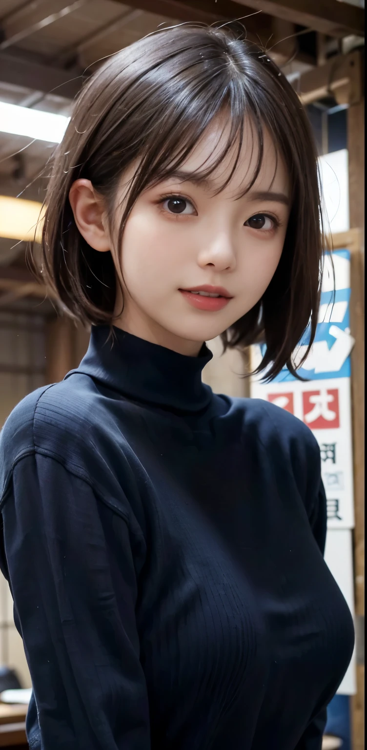masterpiece, 1 beautiful girl, detailed eye, swollen eyes, highest quality, Super high resolution, (reality: 1.4), original photo, 1 girl, cinematic lighting, laughter, Japanese, asian beauty, Korean, clean, super beautiful, beautiful skin, Slender, cyberpunk background, (超reality的な), (High resolution), (8k), (very detailed), (best illustrations), (美しくDetailed目), (super detailed), (wallpaper), (detailed face), what the audience looks like, Detailed, detailed face, Pure erotic face ace_v1、laughter、46 point diagonal bangs、look straight ahead、neat clothes、dark eyes、No sleeve、front facing body、short hair、brown haired、big smile、knit long sleeve sweater