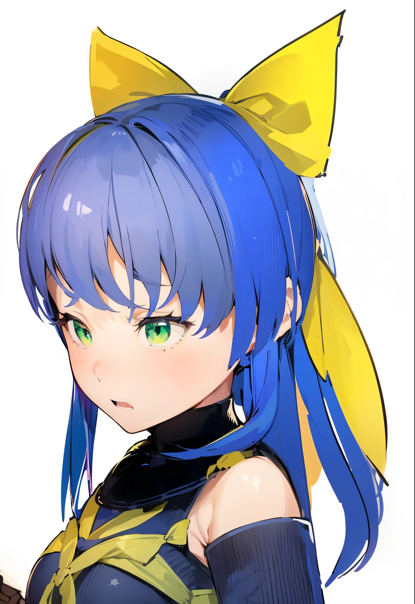 (be scared:1.5),girl,,blue hair,emerald green eyes,yellow ribbon,beautiful girl,An illustration,cute,highest quality