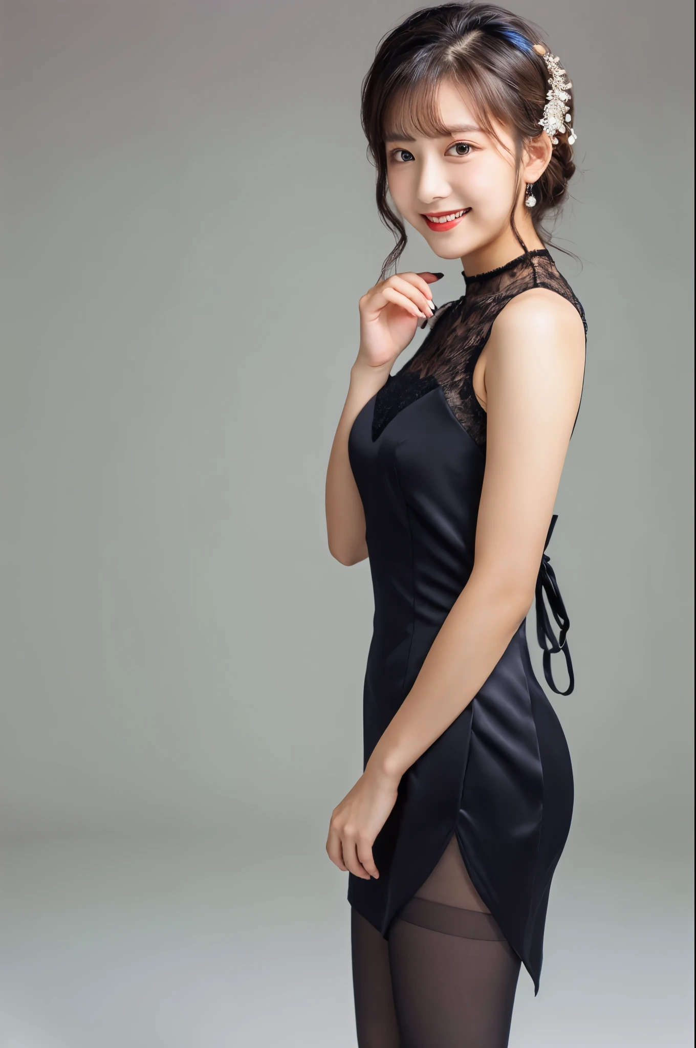 ulzzang-6500-v1.1, (RAW photo:1.2), (Photoreal), beautiful detailed girl, (genuine: 1.4), very detailedな目と顔, beautiful and fine eyes, (((Upper class girl wearing elegant formal dress in random colors:1.3)))、(super realistic pantyhose:1.2), (high heels:1.2), (I keep my hair up and short)、 (very kind smile:1.2)、huge file size, High resolution, very detailed, highest quality, [masterpiece:1.6], enlightenment, very detailed, nffsw, finely, highest quality, 8k wallpaper, movie lighting, 1 girl, 17 years old, perfect body shape, cute droopy eyes beautiful big eyes、(muste piece)), highest quality, 1 girl, eye shadow, Upper body, portrait, ((full body shot:1.3))、