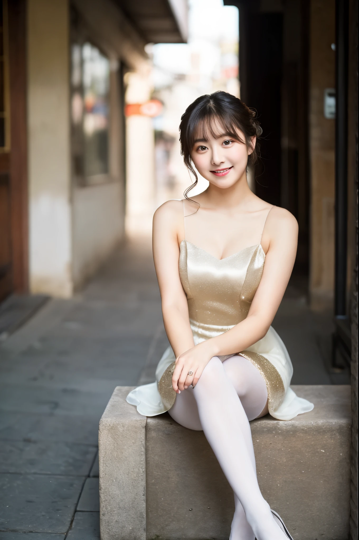 ulzzang-6500-v1.1, (RAW photo:1.2), (Photoreal), beautiful detailed girl, (genuine: 1.4), very detailedな目と顔, beautiful and fine eyes, (((Upper class girl wearing elegant formal dress in random colors:1.3)))、(super realistic pantyhose:1.2), (high heels:1.2), (I keep my hair up and short)、 (very kind smile:1.2)、huge file size, High resolution, very detailed, highest quality, [masterpiece:1.6], enlightenment, very detailed, nffsw, finely, highest quality, 8k wallpaper, movie lighting, 1 girl, 17 years old, perfect body shape, cute droopy eyes beautiful big eyes、(muste piece)), highest quality, 1 girl, eye shadow, Upper body, portrait, ((full body shot:1.3))、