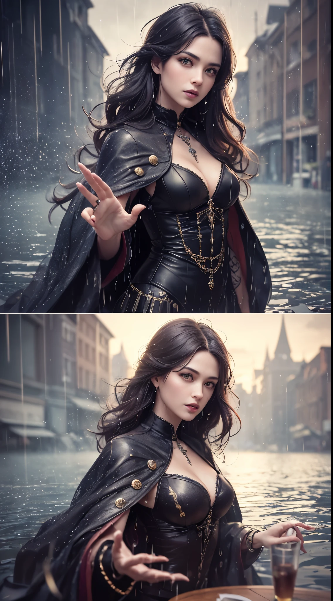 (skin dents:1.5), realistic, realistic, (table top:1.5), concept art, intricate details, very detailed, realistic, octane rendering, 8k, unreal engine, dynamic pose, highest quality, High resolution, (realistic face:1.1), (超realistic:1.1), ((full_body)), perfect eyes,(shiny skin:1.2), (((hairstyle))), (((完璧な手のvery detailed背景), haunted island, ((dynamic background)), ((lightning)), (light), (1 girl), wearing a cloak, (((flowing cloak))), ((fine eyes, high quality eyes, high quality face)), long hair, (((flowing hairstyle))), 1 girl ((Control the water)), (((whirlwind of water))), Ocean, tsunami, magic, (create a dramatic, Depth of the bounds written, Bokeh, 4k, gothic, ((rain)), energy ball between hands