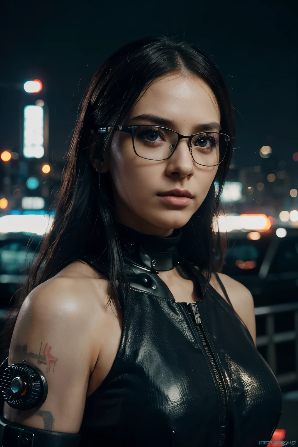 a sexy skinny caucasian nerdy girl glasses portrait night sky empty road dark atmosphere, the wind slightly ruffling black long straight hair, slightly squinted eyes, red amazing lipstick, beautiful makeup with eyeshadows, mouth slightly open, provocative, choker, transparent red silk wet blouse, shiny dark red bra amazing eyelashes ((best quality)), ((masterpiece)), (detailed), seed 500000, perfect face, detailed amazing eyes, symetric face