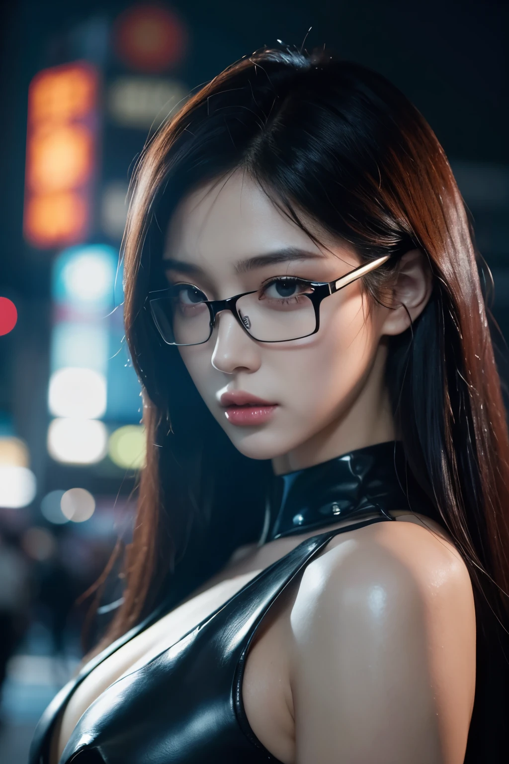 in cyberpunk city, cyberpunk photo, cyberpunk 2 0 y. o model girl, in a futuristic cyberpunk city, female, in a cyberpunk city, cyberpunk beautiful girl, in cyberpunk style, cyberpunk girl, futuristic cyberpunk tokyo night, at cyberpunk city, (tmasterpiece、4K 分辨率、ultra-realistic realism、The is very detailed), "Full and juicy lips, mesmerizing wide eyes, a defined jawline, and high cheekbones. A perfectly symmetrical face with distinct features.", wearing glasses, Japaneses.