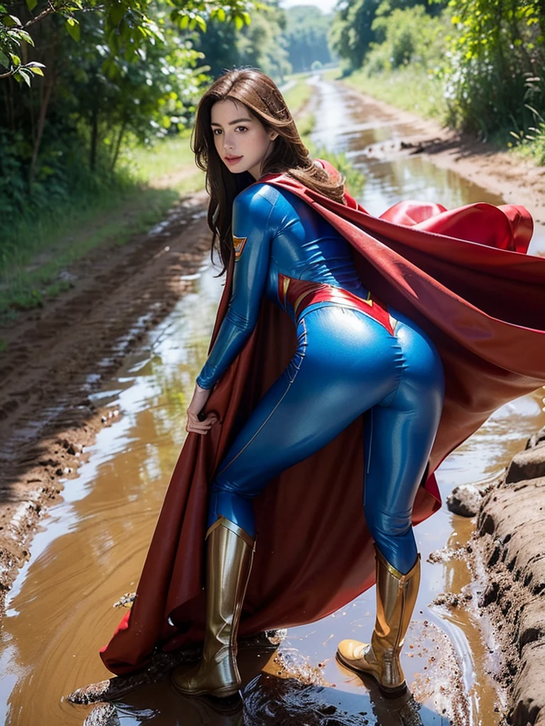 Anne Hathaway has long brown hair，White skin，Big breasts and butt，long legs，slender legs，Wearing a blue shiny full-coverage tight-fitting Superman suit，Red over-the-knee boots，red cloak，Kneeling on the muddy dirt road，Body facing the camera，Clothes covered with mud stains，Realistic style，full body picture