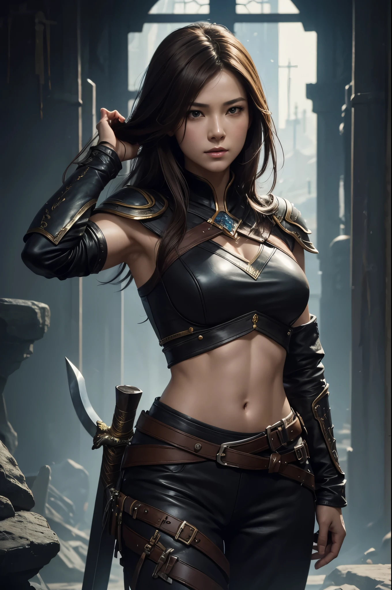 8K,A woman wearing leather clothes holds a sword, by Jan J., Artjam and Ati Gailan, Written by Ruan Jia and Stanley Artgerm, Artjam and Luan Jia, Chengwei Pan at Art Station, Written by Ren May, Written by Fan Chi, fan art best art station, beautiful character drawings, Written by Li Song, great character art,masterpiece,Photorealistic RAW photos of the highest quality。bright colors,rich colors, Backlight, cinematic lighting, film grain, to be born, 50mm lens, Nikon D850,realistic skin,fantasy art,Close-up,