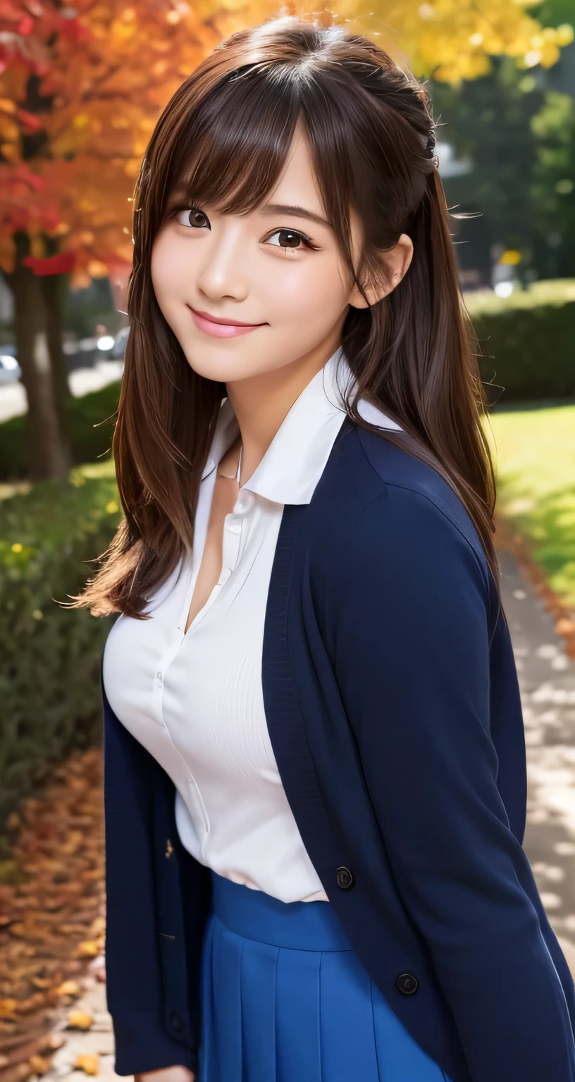 table top,highest quality,Super detailed,finely,High resolution,In 8K,((Photoreal:1.4,RAW photo,超High resolution,best image quality:1.4)),table top、highest quality、 Super detailed、High resolution、8k wallpaper、perfect dynamic composition,、finelyて美しい目、(beautiful breasts:1.1) 、blue blazer、school uniform、white shirt、red tie、1 girl、beautiful girl、high school student、brown hair、shortcut、hide left eye with bangs、smile、Autumn foliage avenue